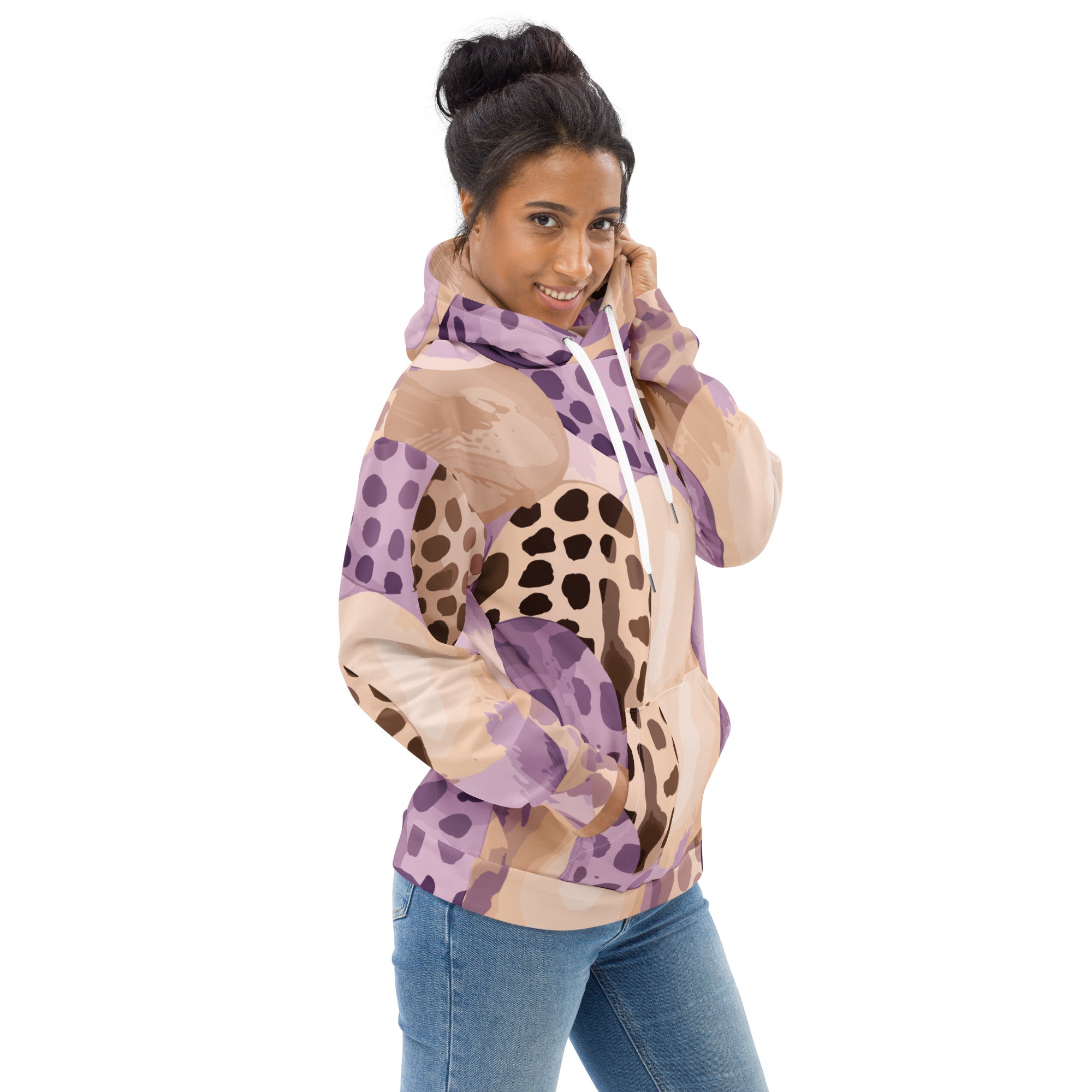 Women's Graphic Hoodie in Purple Lavender with spotted print, featuring a double-lined hood and front pouch pocket.