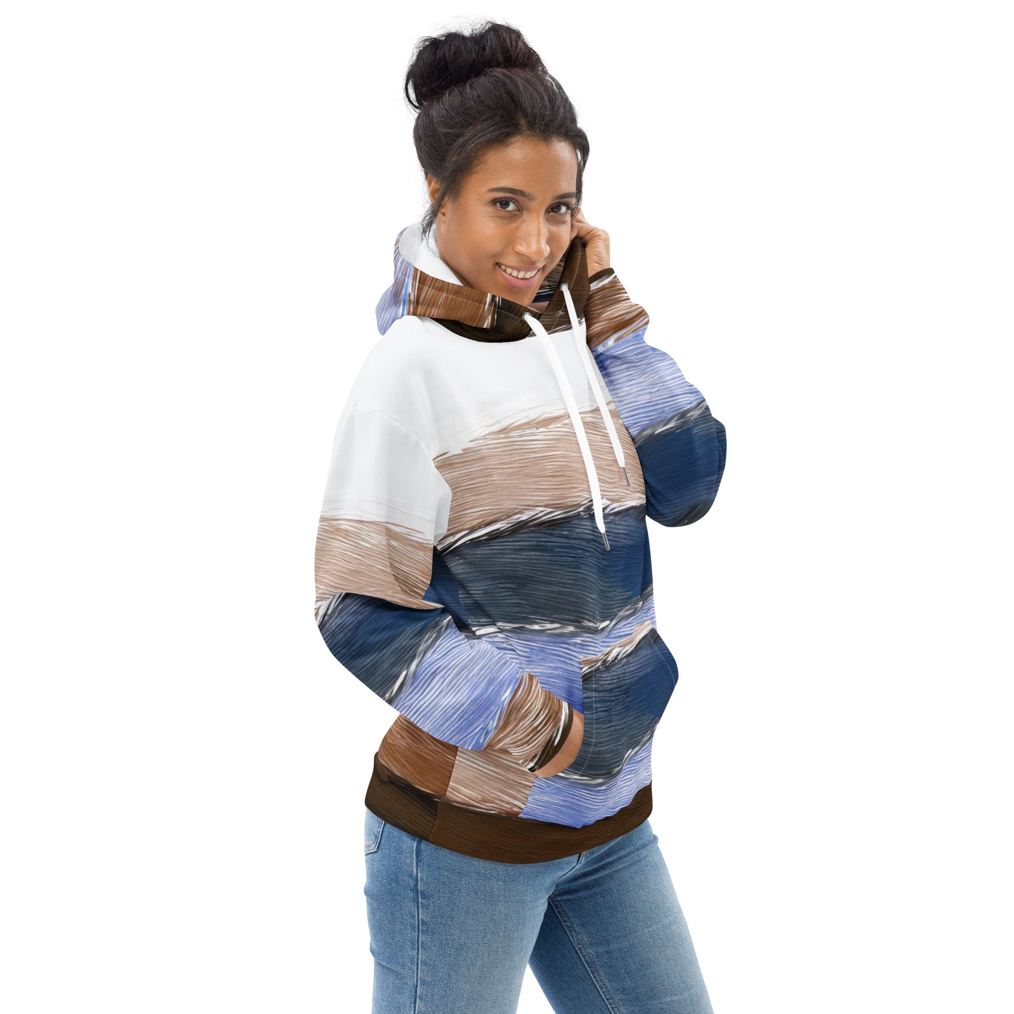 Womens Graphic Hoodie featuring a vibrant rustic hues pattern, showcasing a stylish design with a double-lined hood and front pouch pocket.