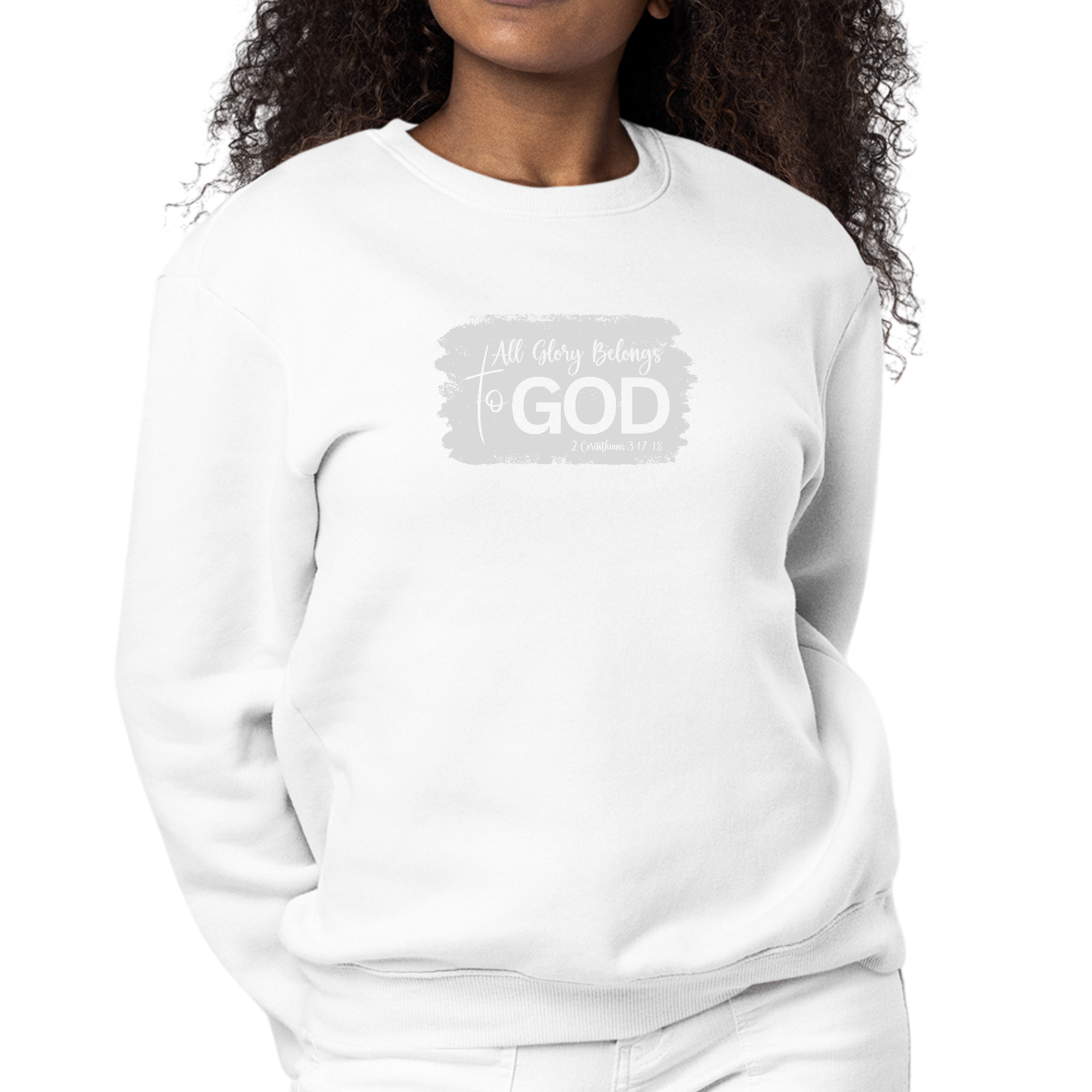 Womens Graphic Sweatshirt in grey featuring 'All Glory Belongs to God' illustration, showcasing a cozy fleece design and classic crewneck style.
