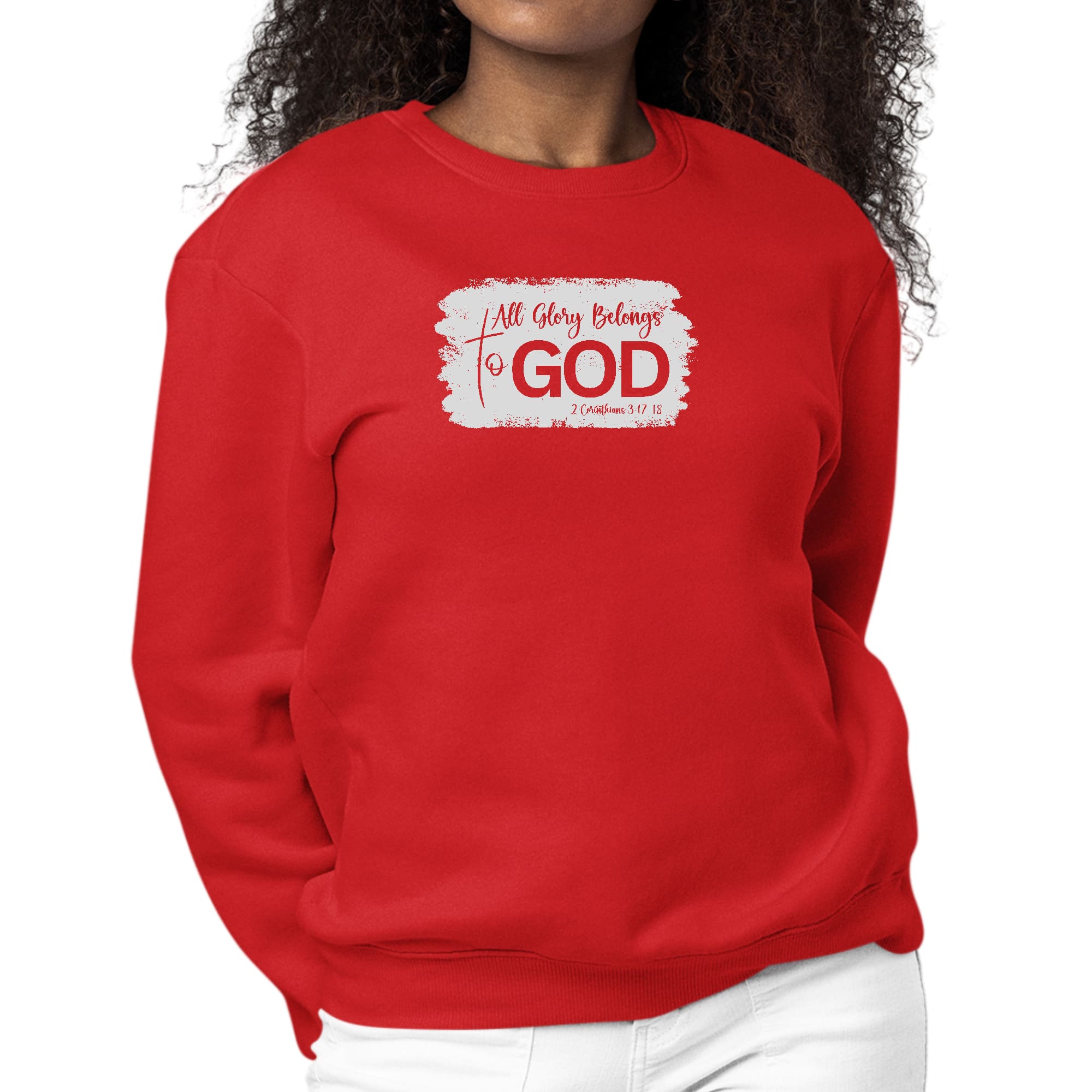 Womens Graphic Sweatshirt in grey featuring 'All Glory Belongs to God' illustration, showcasing a cozy fleece design and classic crewneck style.