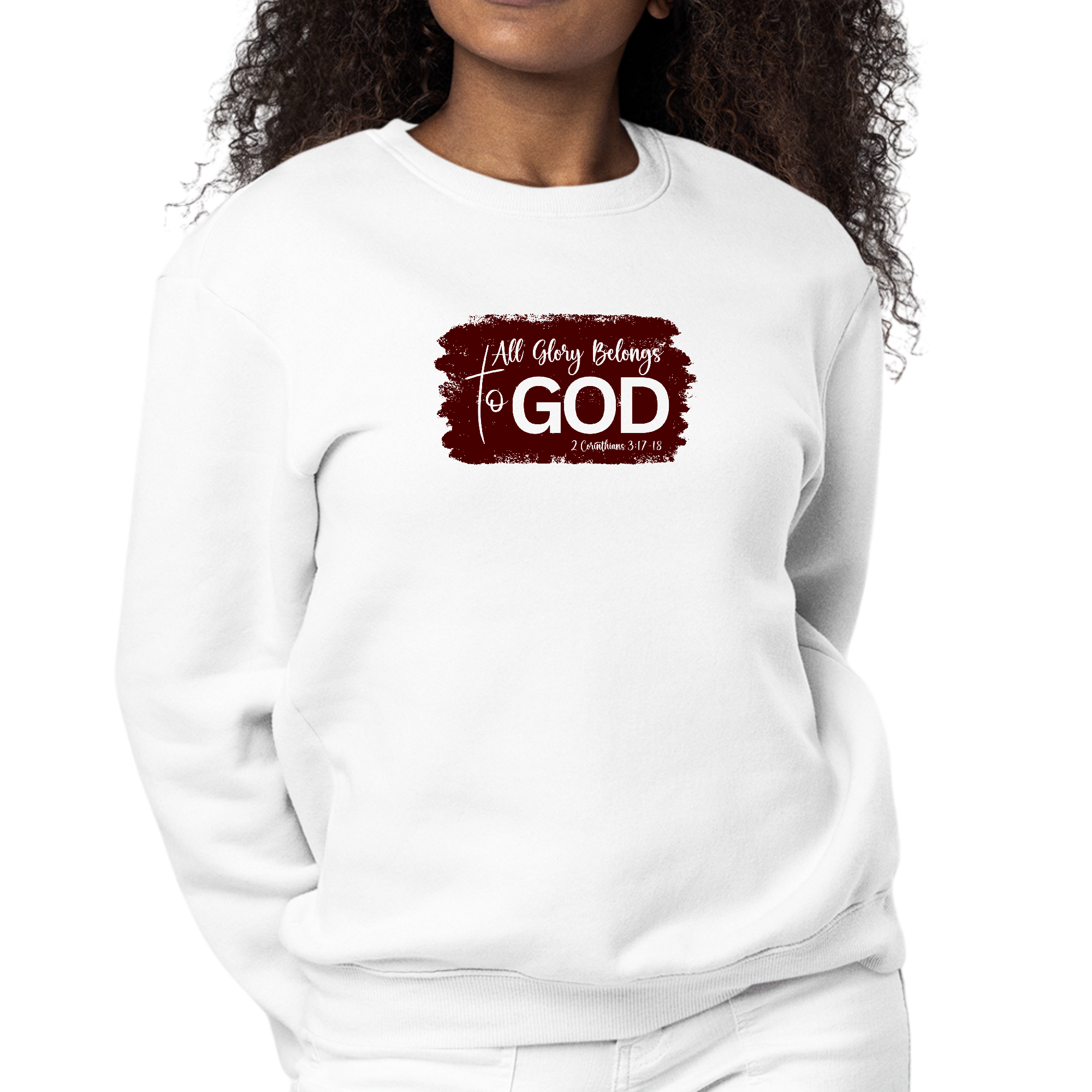Womens Graphic Sweatshirt in maroon featuring 'All Glory Belongs to God' illustration, showcasing cozy fleece and classic crewneck design.