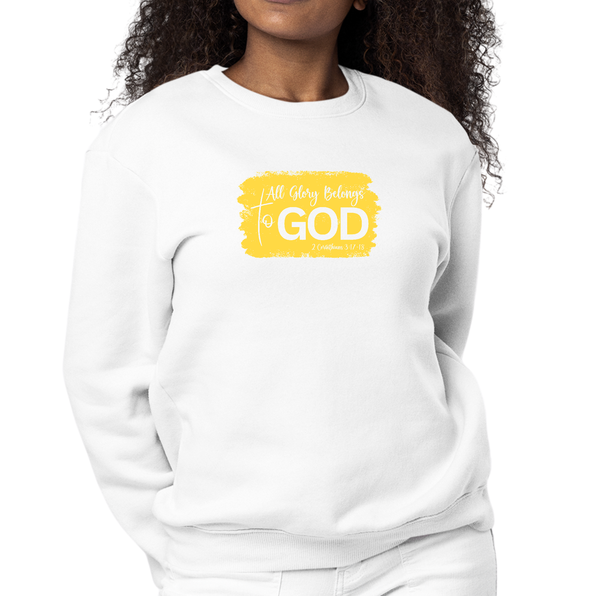 Womens Graphic Sweatshirt in yellow with 'All Glory Belongs to God' illustration, showcasing a cozy pullover style and comfortable fit.