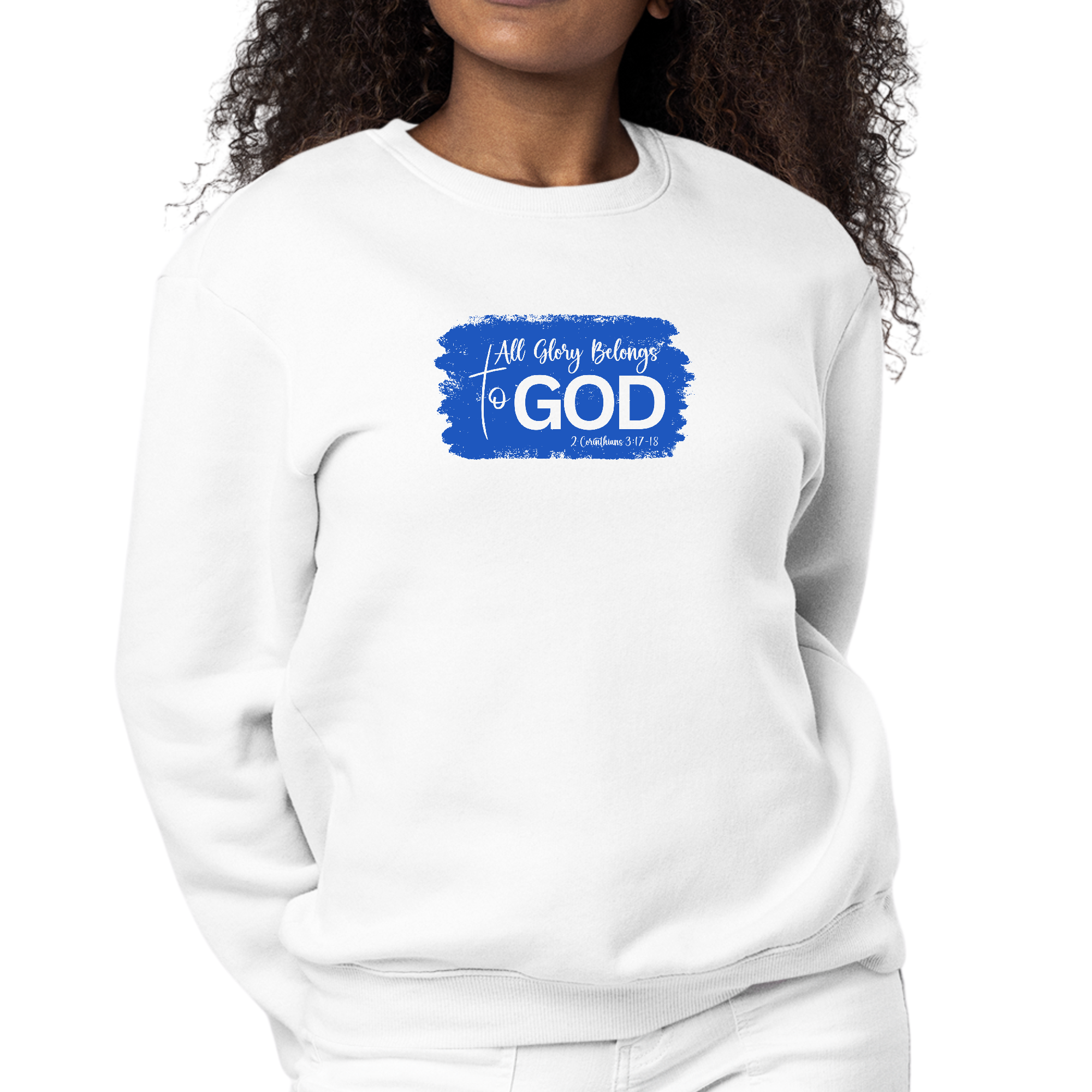 Womens Graphic Sweatshirt in royal blue with 'All Glory Belongs to God' illustration, showcasing a cozy fleece design and classic crewneck style.