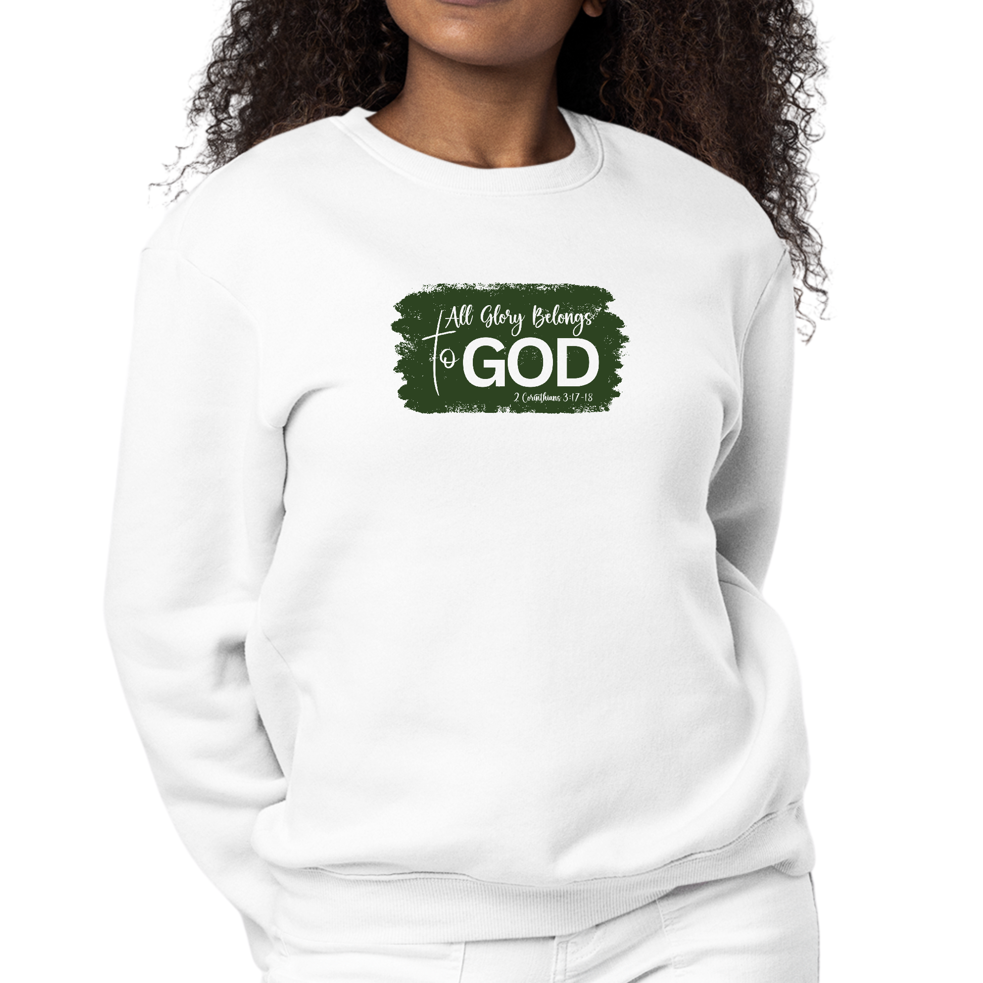 Dark green women's graphic sweatshirt with 'All Glory Belongs to God' illustration, featuring a cozy fleece design and classic crewneck style.