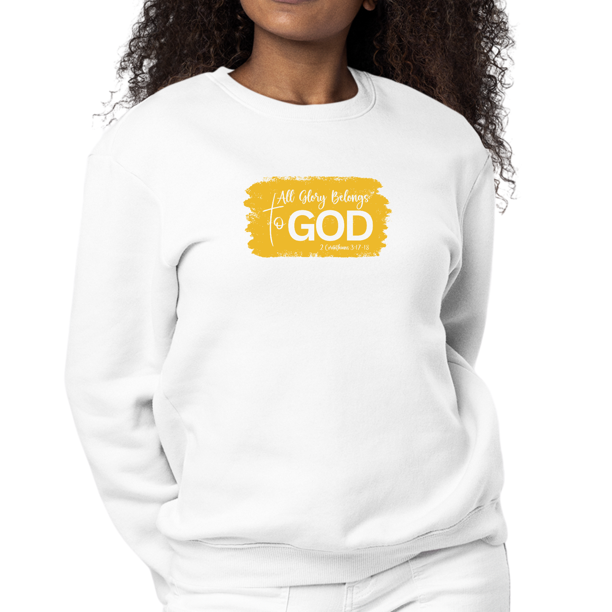 Women's Golden Yellow Graphic Sweatshirt with 'All Glory Belongs to God' design, featuring a cozy fleece material and classic crewneck style.