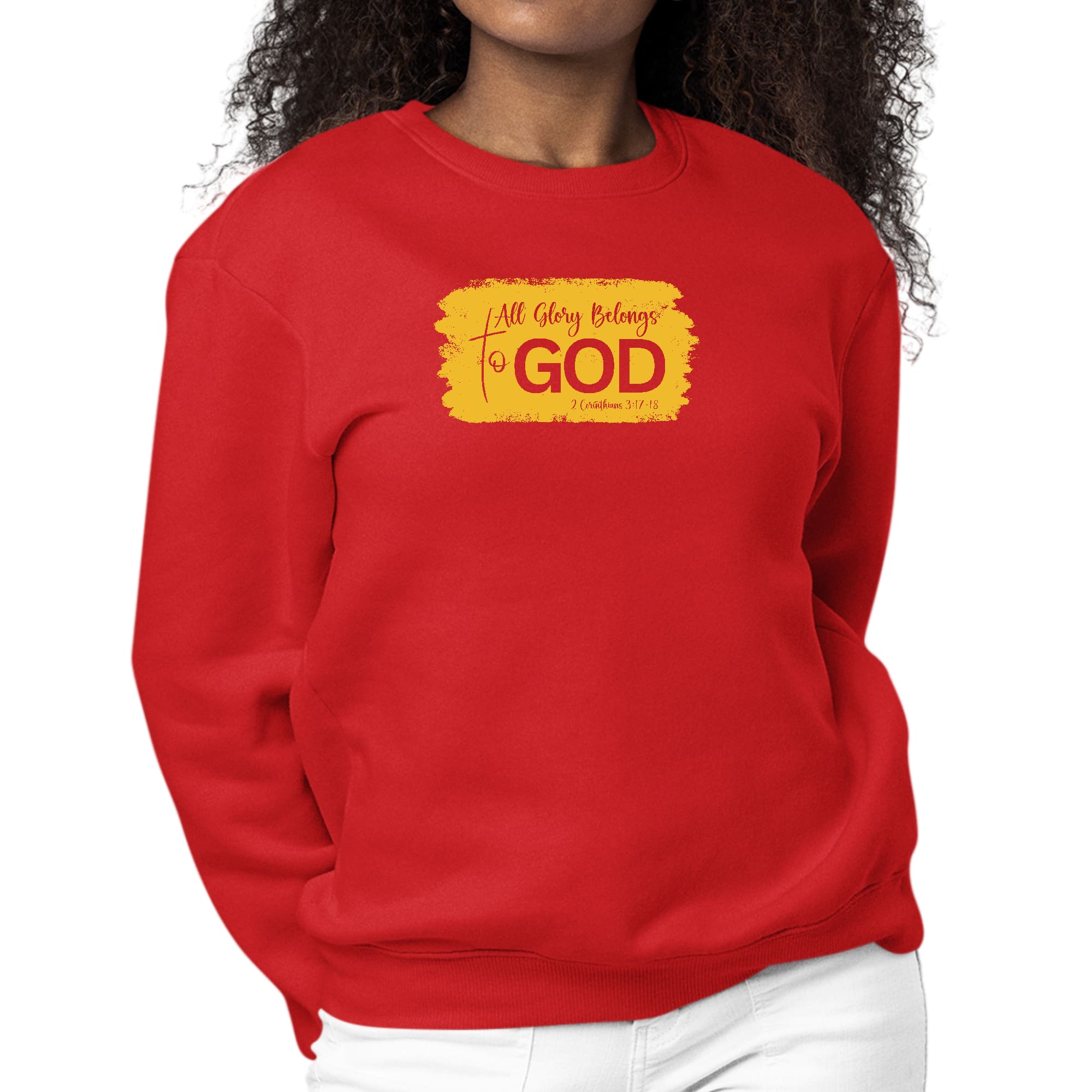 Women's Golden Yellow Graphic Sweatshirt with 'All Glory Belongs to God' design, featuring a cozy fleece material and classic crewneck style.