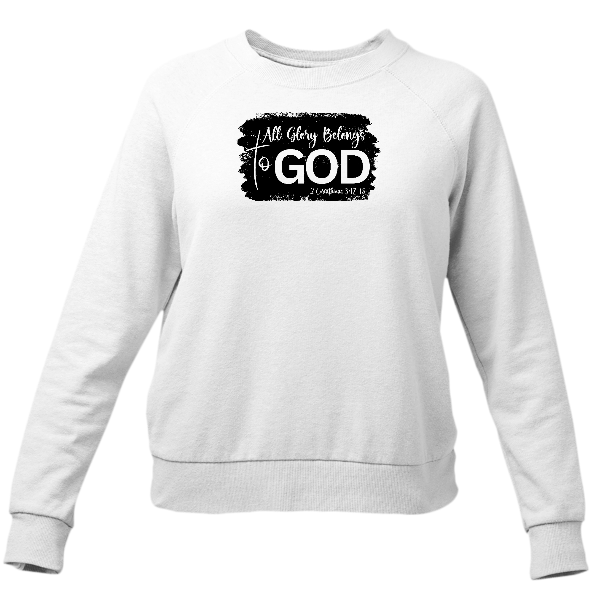 Women's black graphic sweatshirt with 'All Glory Belongs to God' print, featuring long sleeves and a crewneck design.