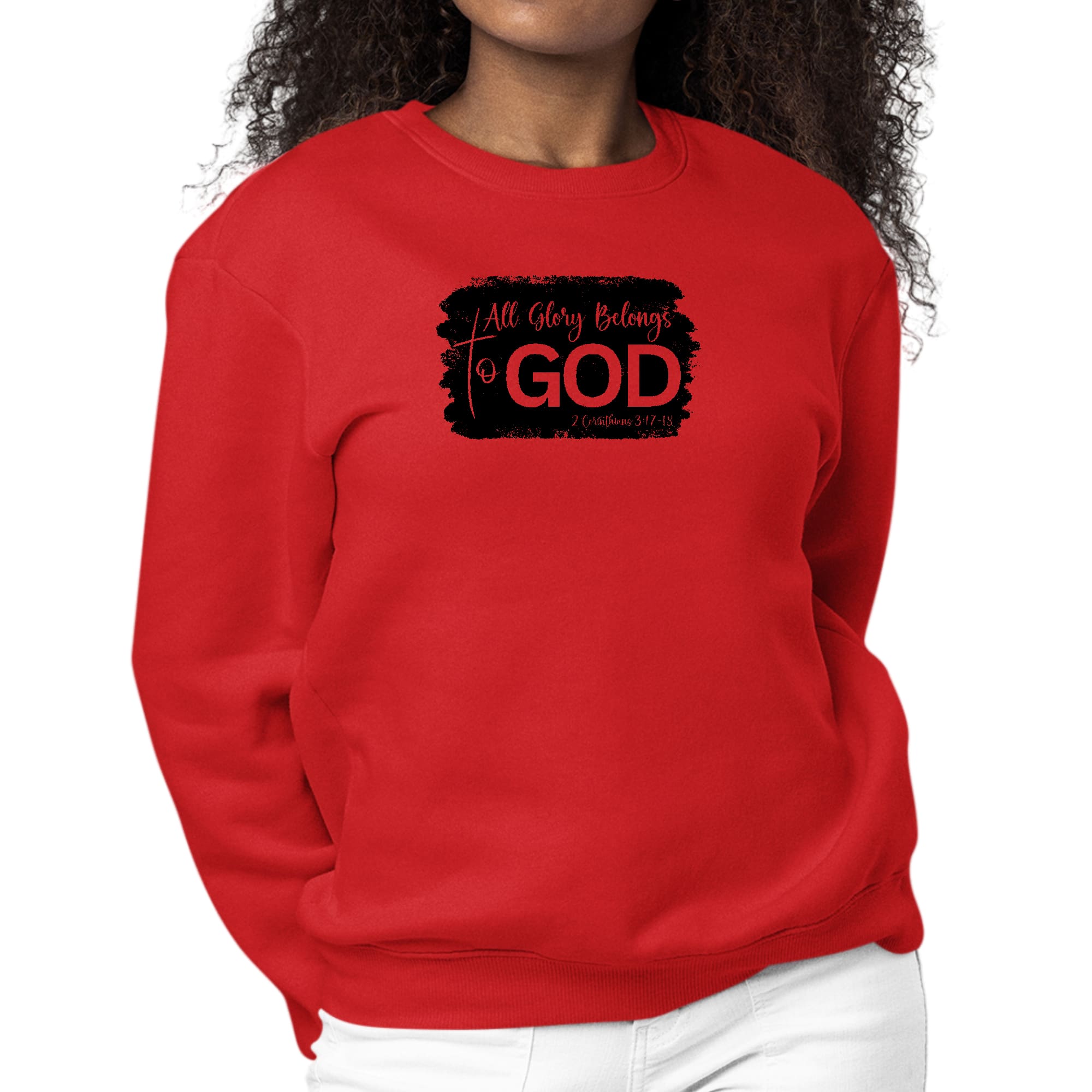 Women's black graphic sweatshirt with 'All Glory Belongs to God' print, featuring long sleeves and a crewneck design.