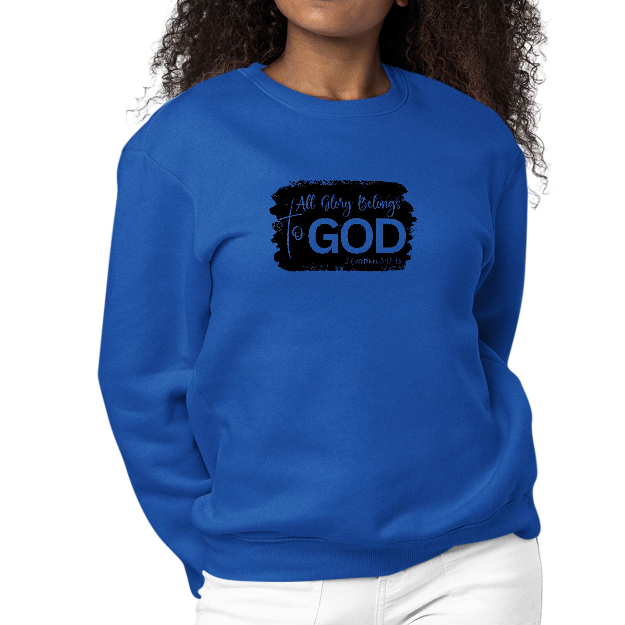 Women's black graphic sweatshirt with 'All Glory Belongs to God' print, featuring long sleeves and a crewneck design.