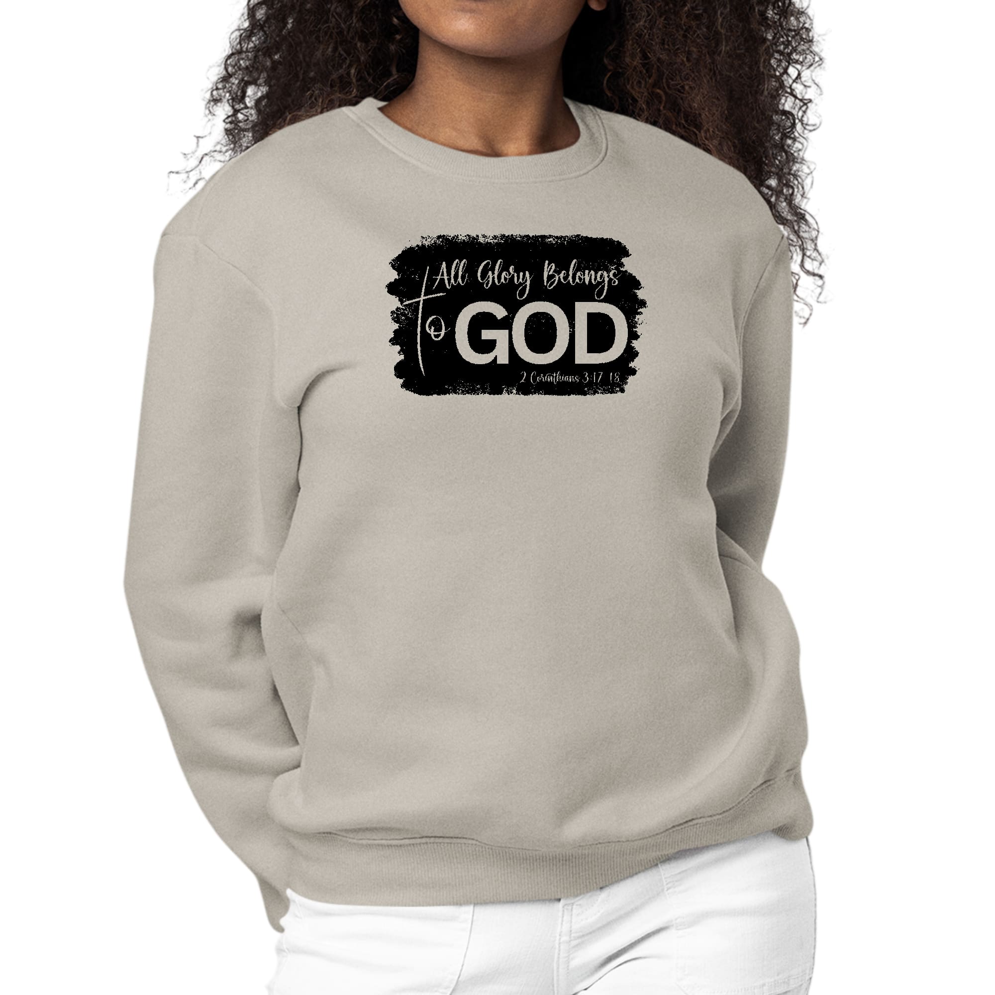 Women's black graphic sweatshirt with 'All Glory Belongs to God' print, featuring long sleeves and a crewneck design.