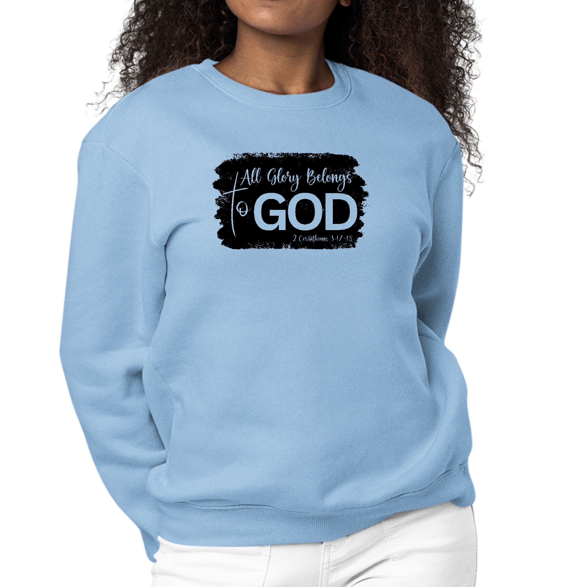 Women's black graphic sweatshirt with 'All Glory Belongs to God' print, featuring long sleeves and a crewneck design.