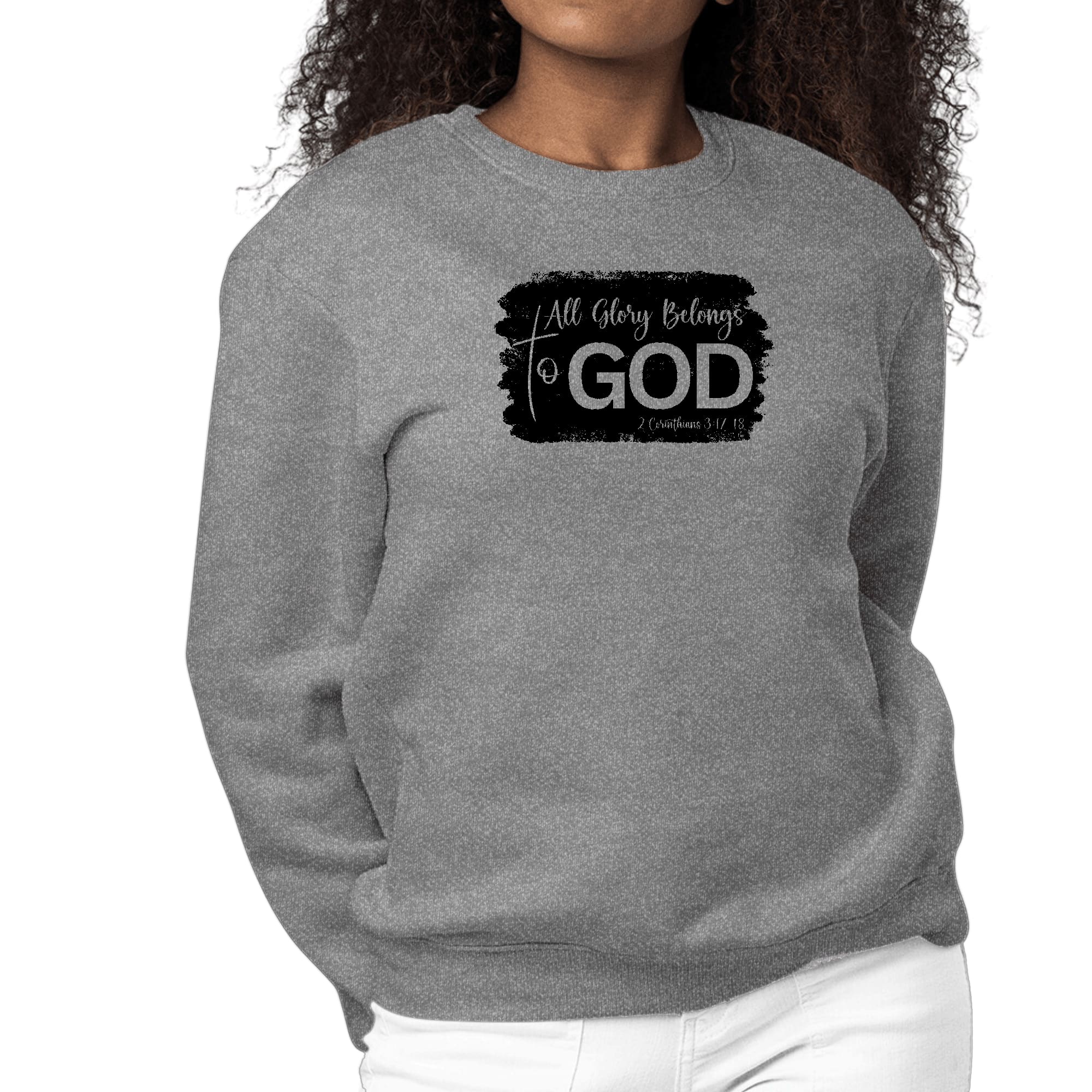 Women's black graphic sweatshirt with 'All Glory Belongs to God' print, featuring long sleeves and a crewneck design.