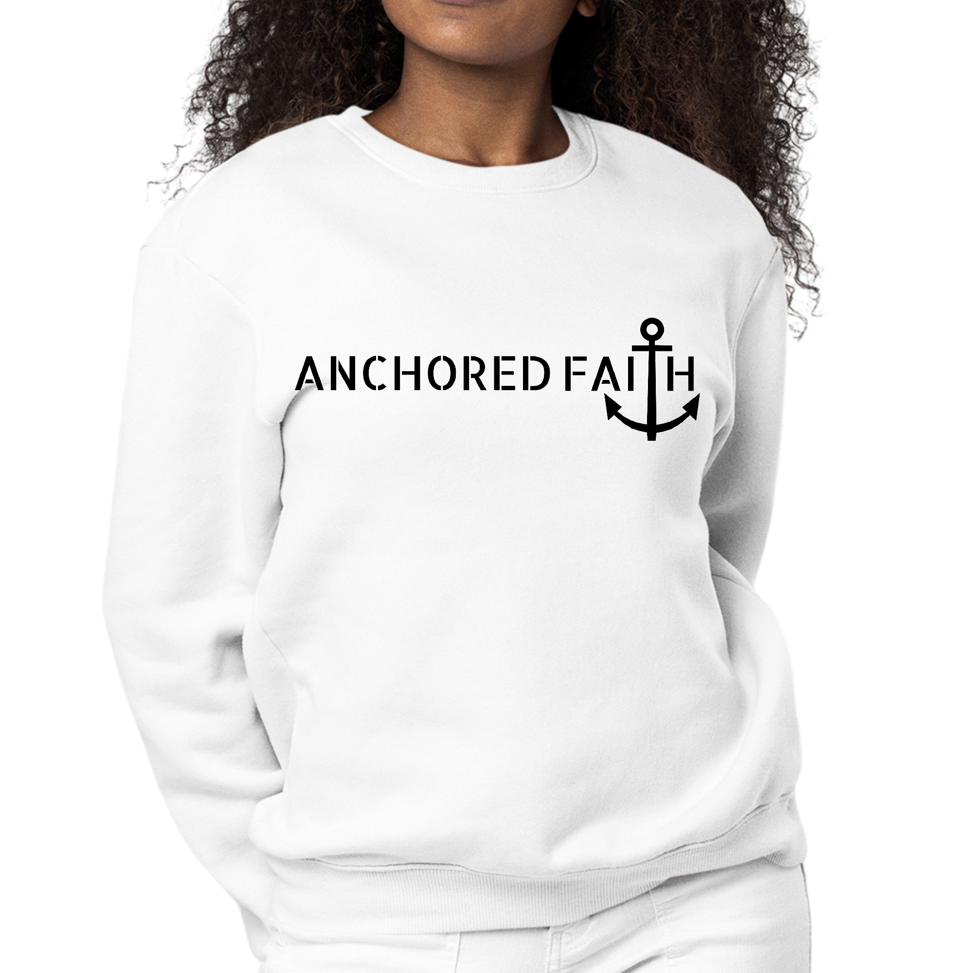 Women's Graphic Sweatshirt in black featuring Anchored Faith design, showcasing long sleeves and ribbed details.