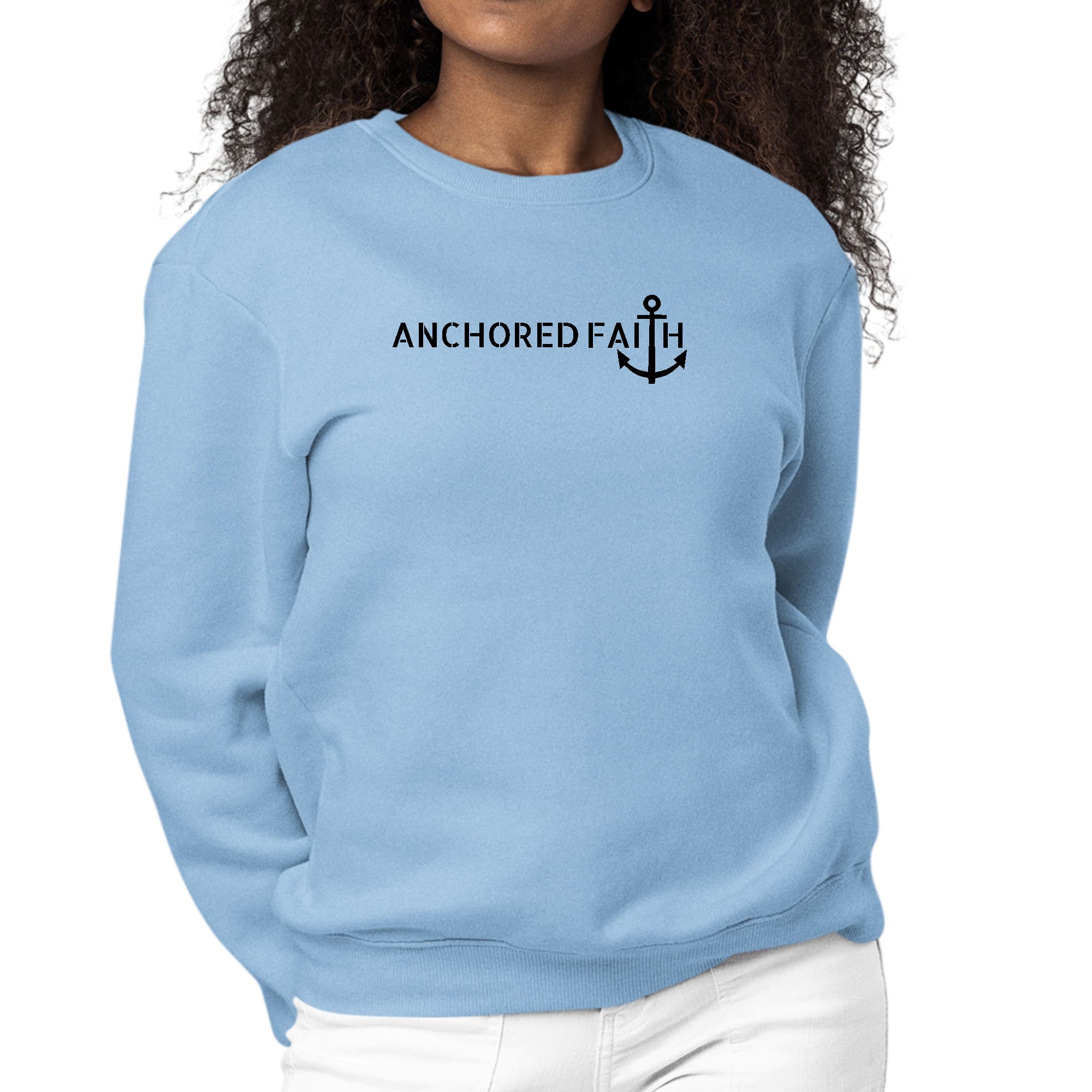 Women's Graphic Sweatshirt in black featuring Anchored Faith design, showcasing long sleeves and ribbed details.