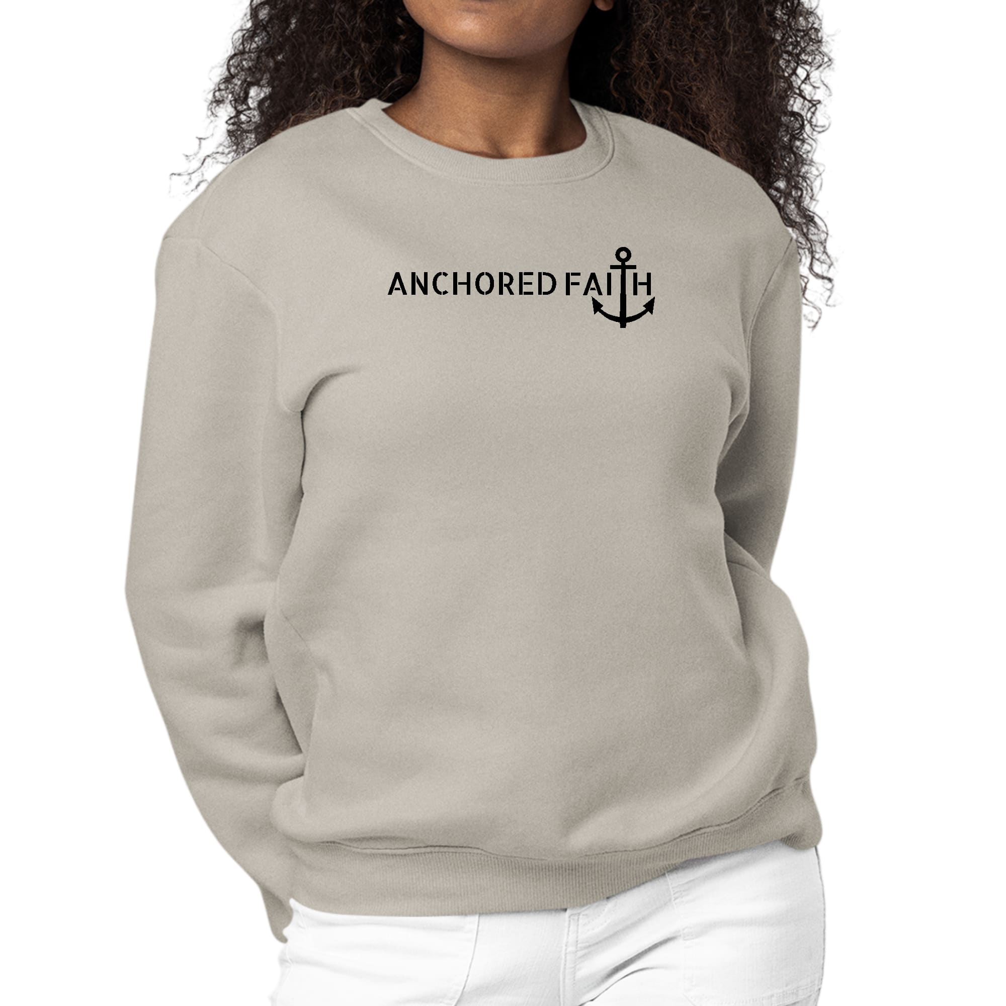 Women's Graphic Sweatshirt in black featuring Anchored Faith design, showcasing long sleeves and ribbed details.