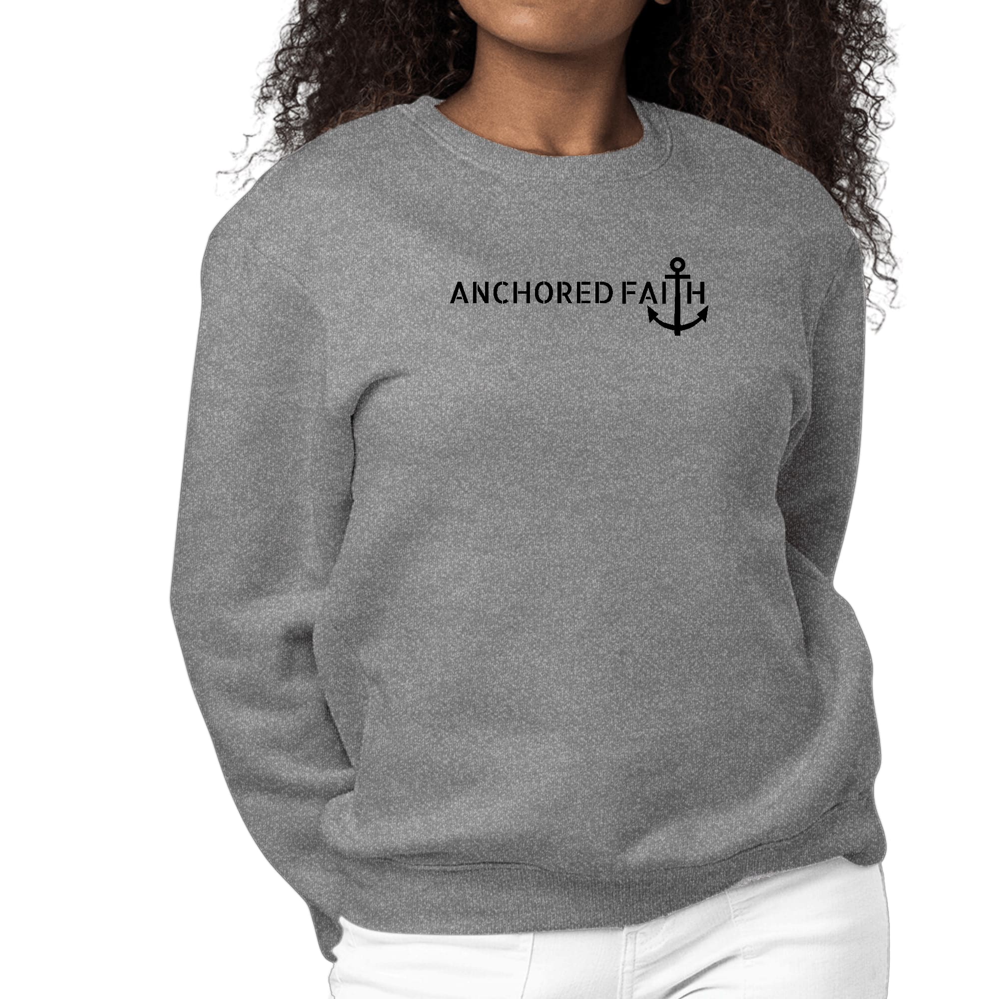 Women's Graphic Sweatshirt in black featuring Anchored Faith design, showcasing long sleeves and ribbed details.
