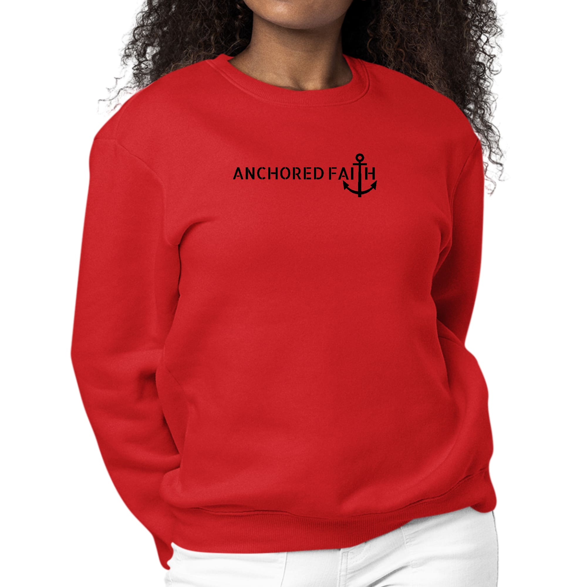 Women's Graphic Sweatshirt in black featuring Anchored Faith design, showcasing long sleeves and ribbed details.