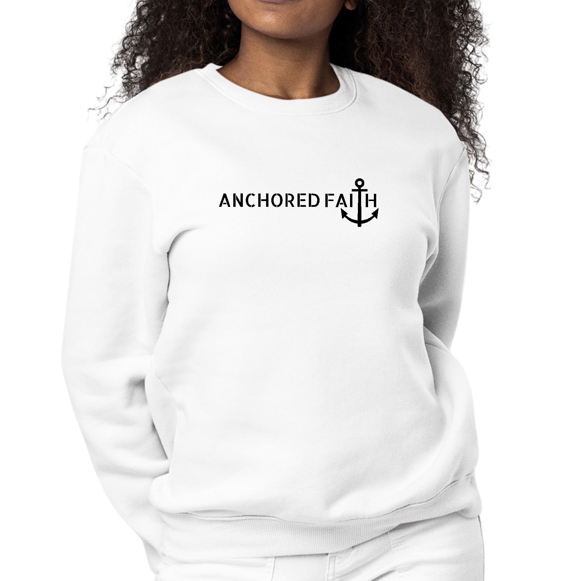 Women's Graphic Sweatshirt in black featuring Anchored Faith design, showcasing long sleeves and ribbed details.