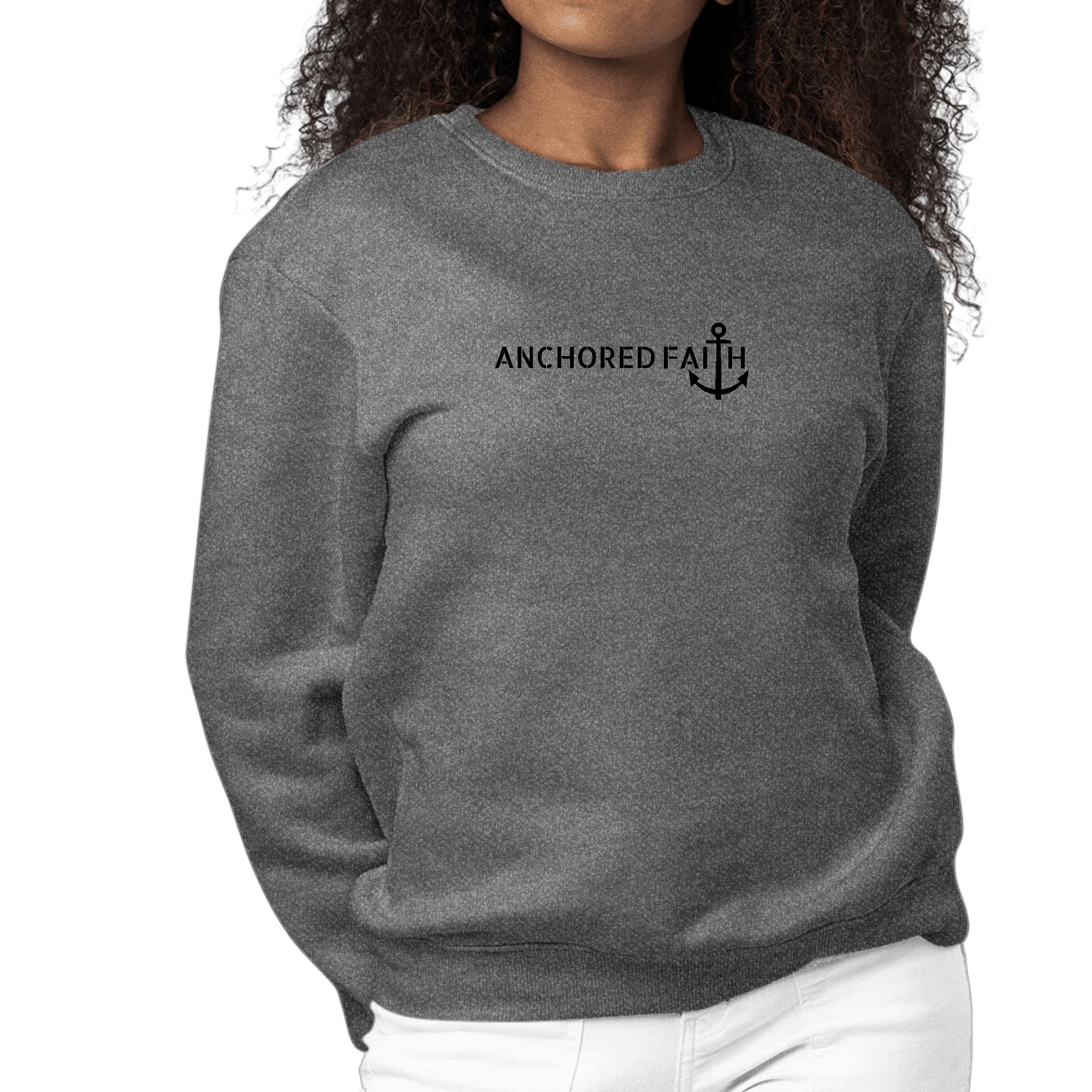 Women's Graphic Sweatshirt in black featuring Anchored Faith design, showcasing long sleeves and ribbed details.