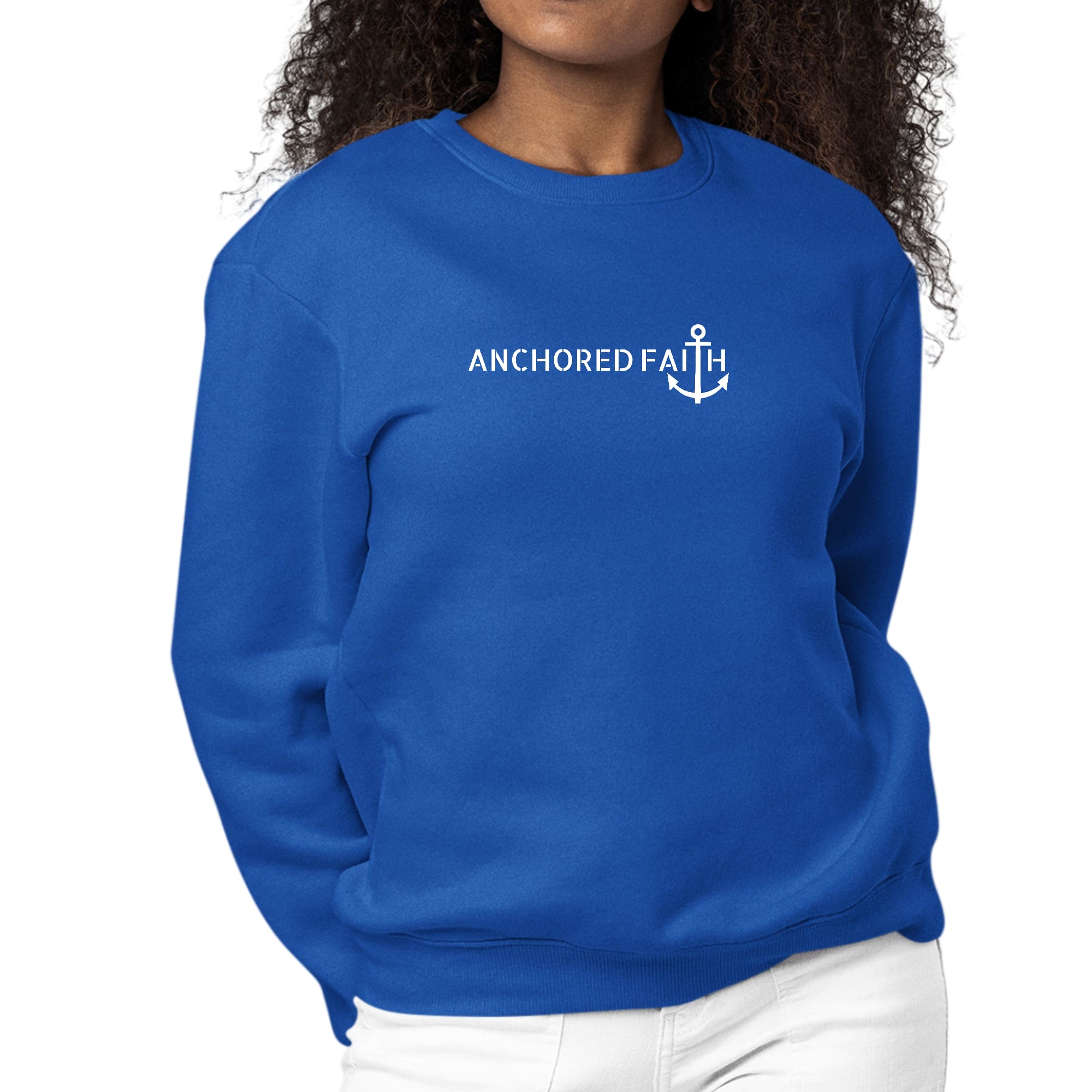 Women's long sleeve graphic sweatshirt with Anchored Faith print, featuring ribbed collar and cuffs, made from durable cotton-polyester blend.
