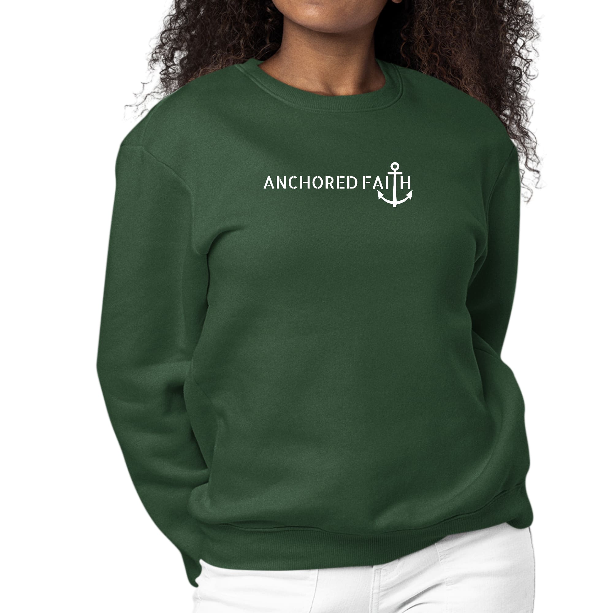 Women's long sleeve graphic sweatshirt with Anchored Faith print, featuring ribbed collar and cuffs, made from durable cotton-polyester blend.