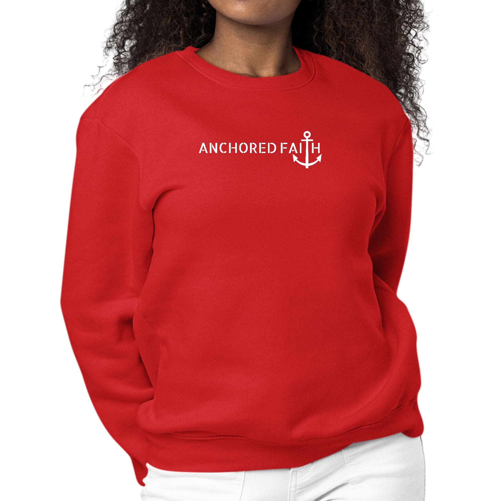 Women's long sleeve graphic sweatshirt with Anchored Faith print, featuring ribbed collar and cuffs, made from durable cotton-polyester blend.