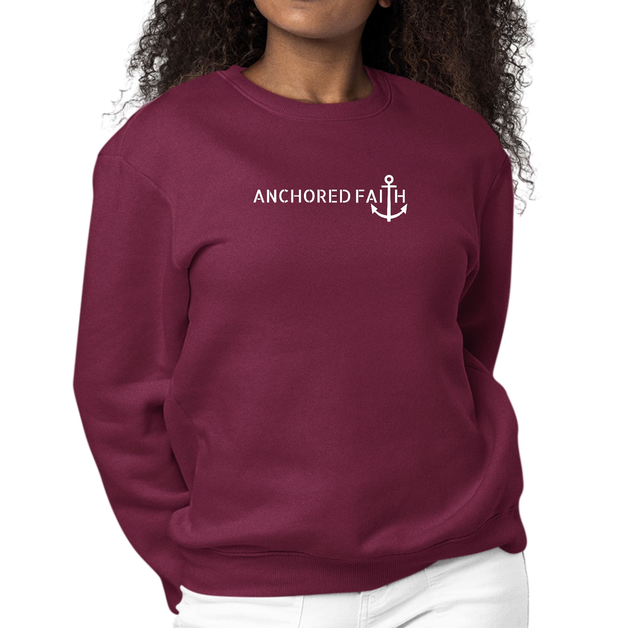 Women's long sleeve graphic sweatshirt with Anchored Faith print, featuring ribbed collar and cuffs, made from durable cotton-polyester blend.
