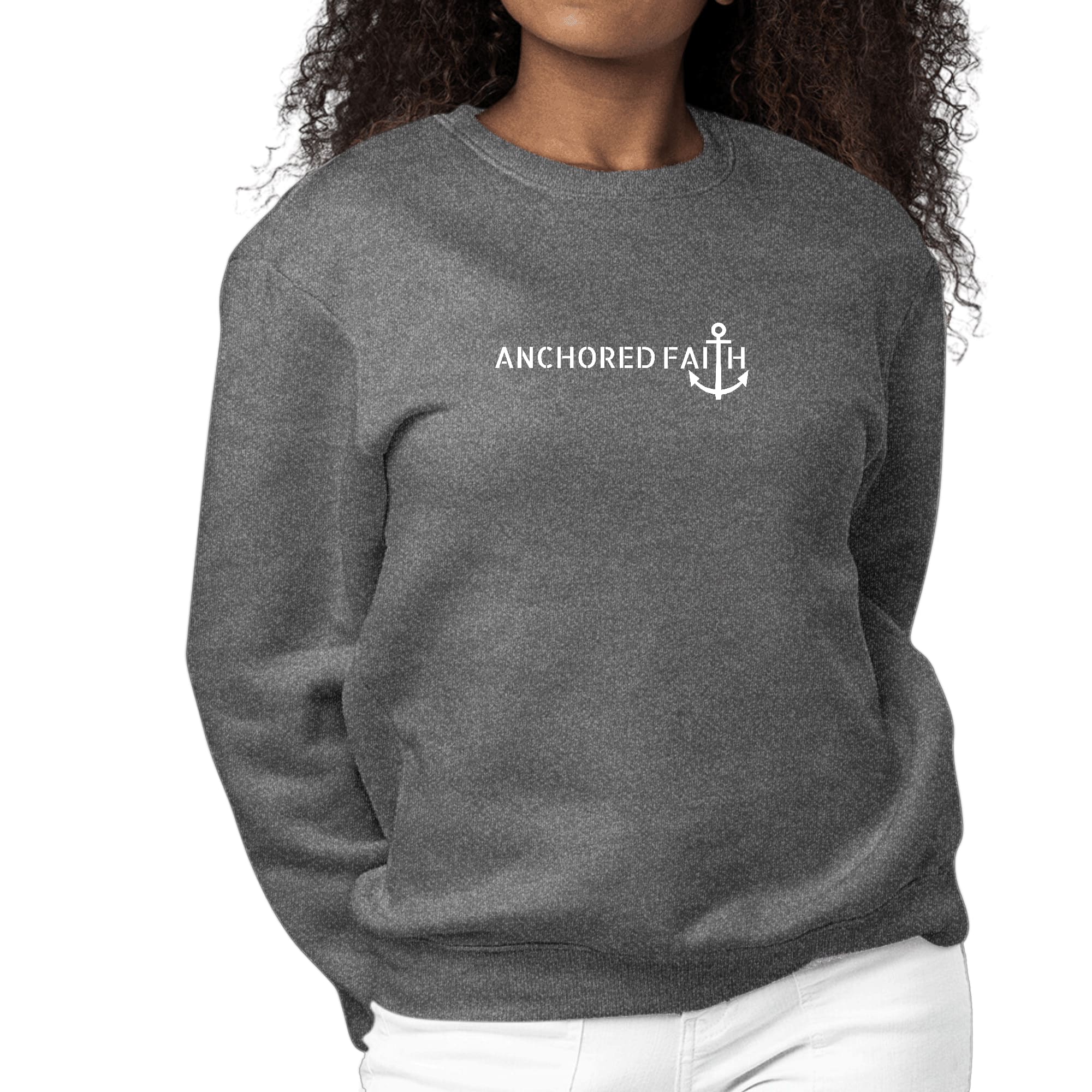 Women's long sleeve graphic sweatshirt with Anchored Faith print, featuring ribbed collar and cuffs, made from durable cotton-polyester blend.
