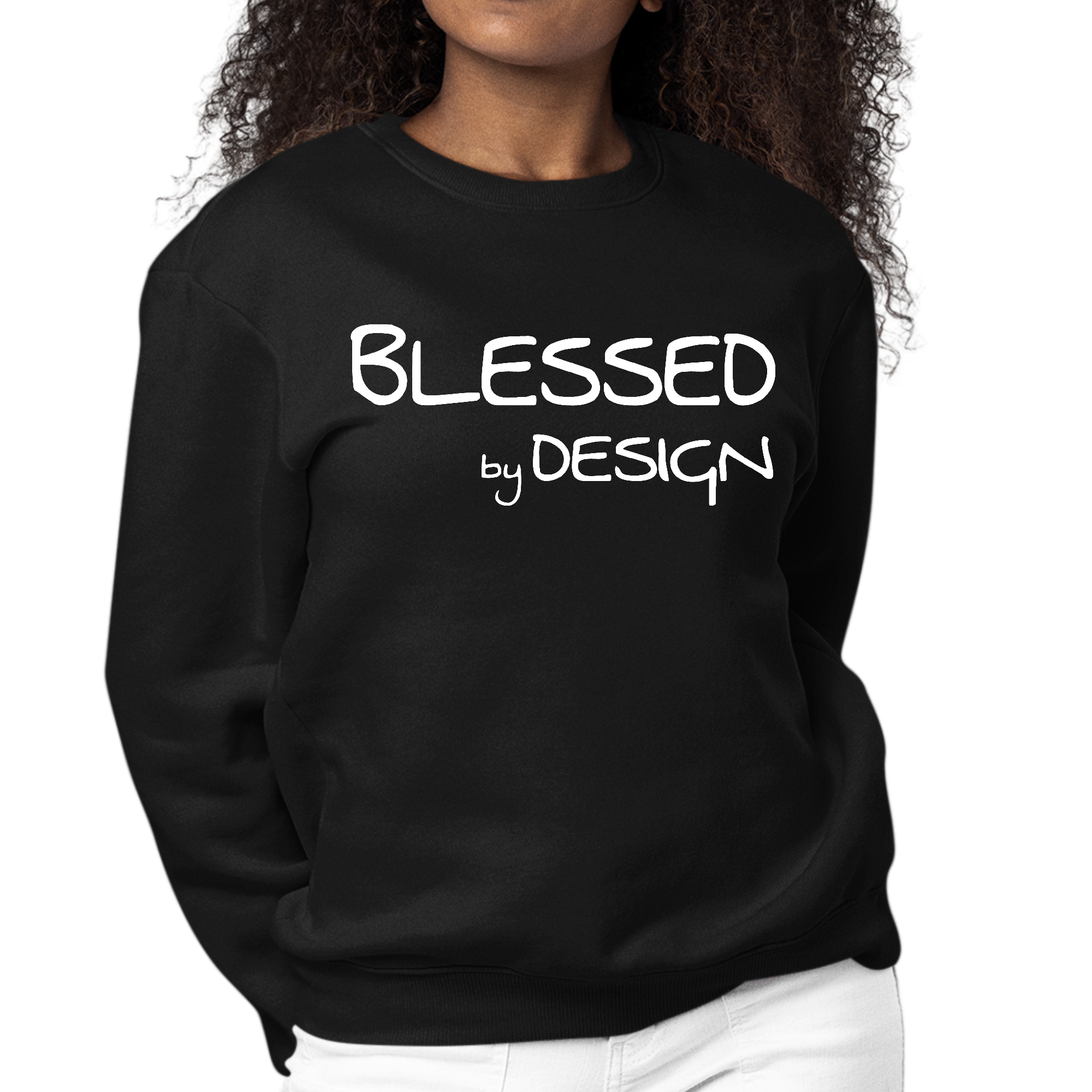 Women's Graphic Sweatshirt featuring the phrase 'Blessed by Design' in an inspirational font, showcasing a comfortable crewneck style.