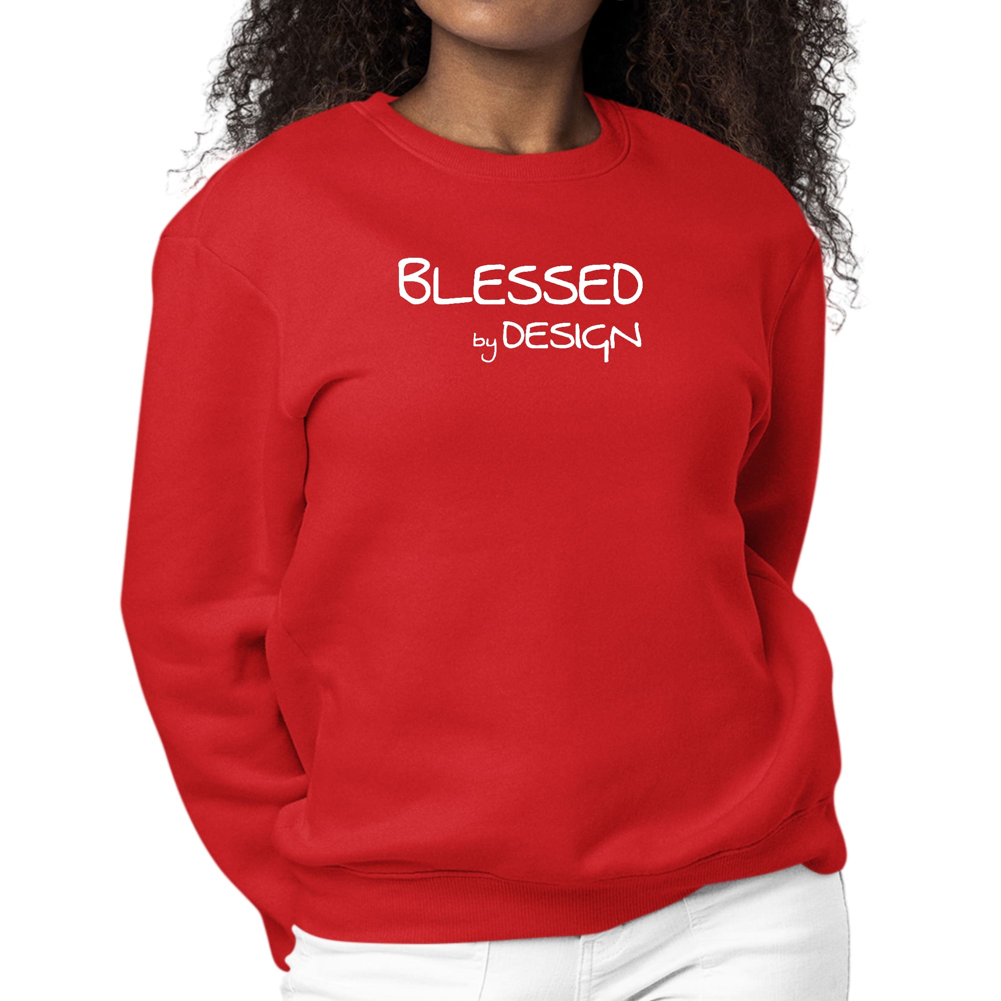Women's Graphic Sweatshirt featuring the phrase 'Blessed by Design' in an inspirational font, showcasing a comfortable crewneck style.