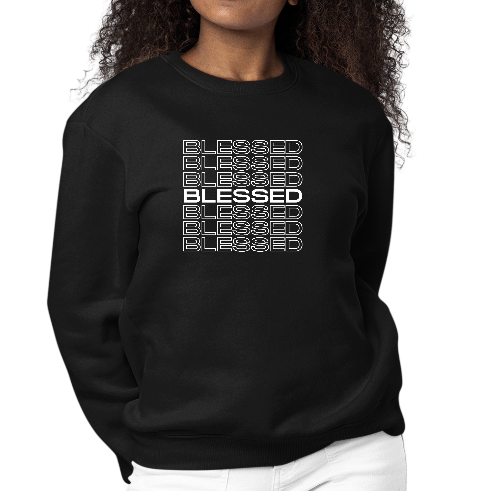 Women's long sleeve crewneck sweatshirt featuring a Blessed Stacked Print, showcasing a stylish and comfortable design.