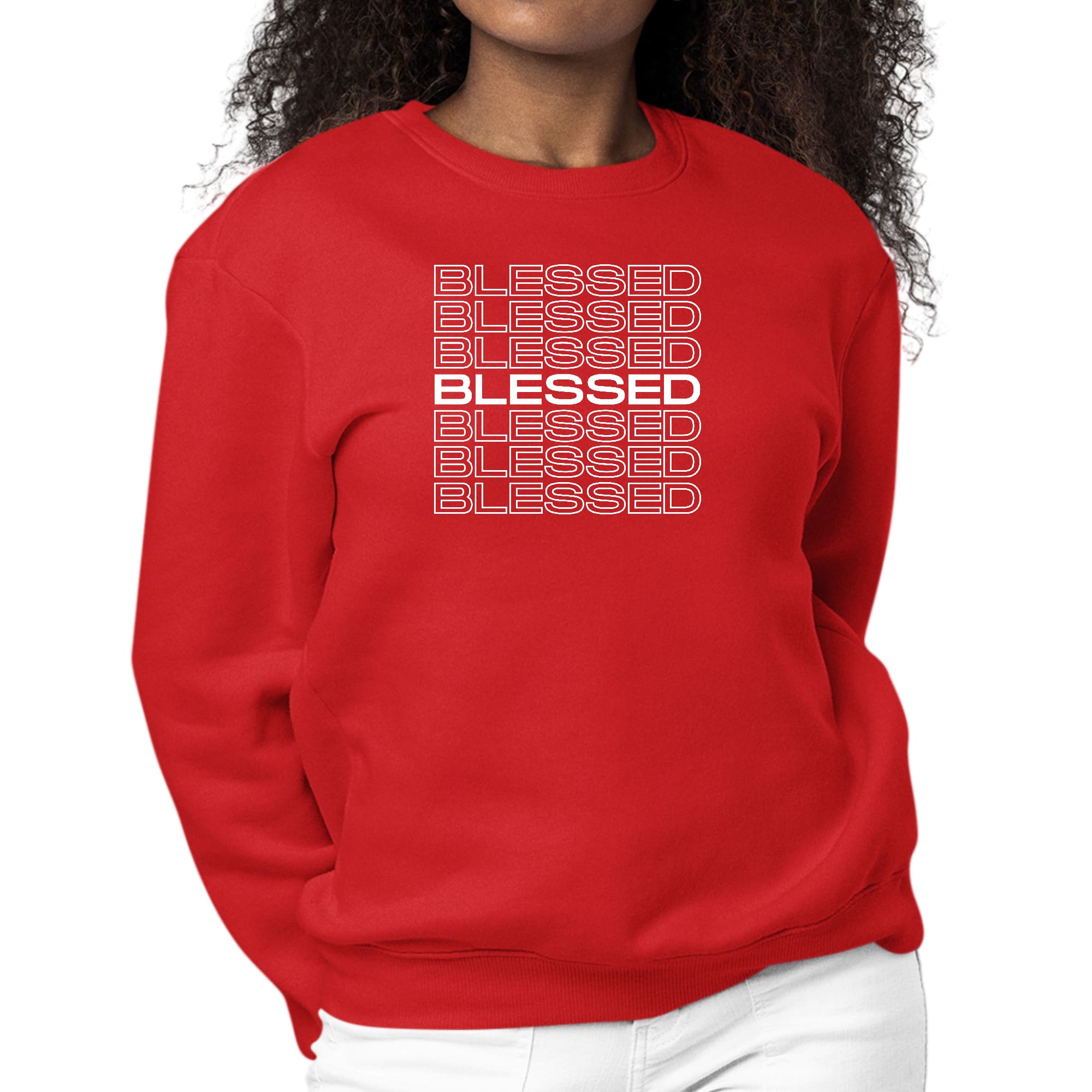 Women's long sleeve crewneck sweatshirt featuring a Blessed Stacked Print, showcasing a stylish and comfortable design.
