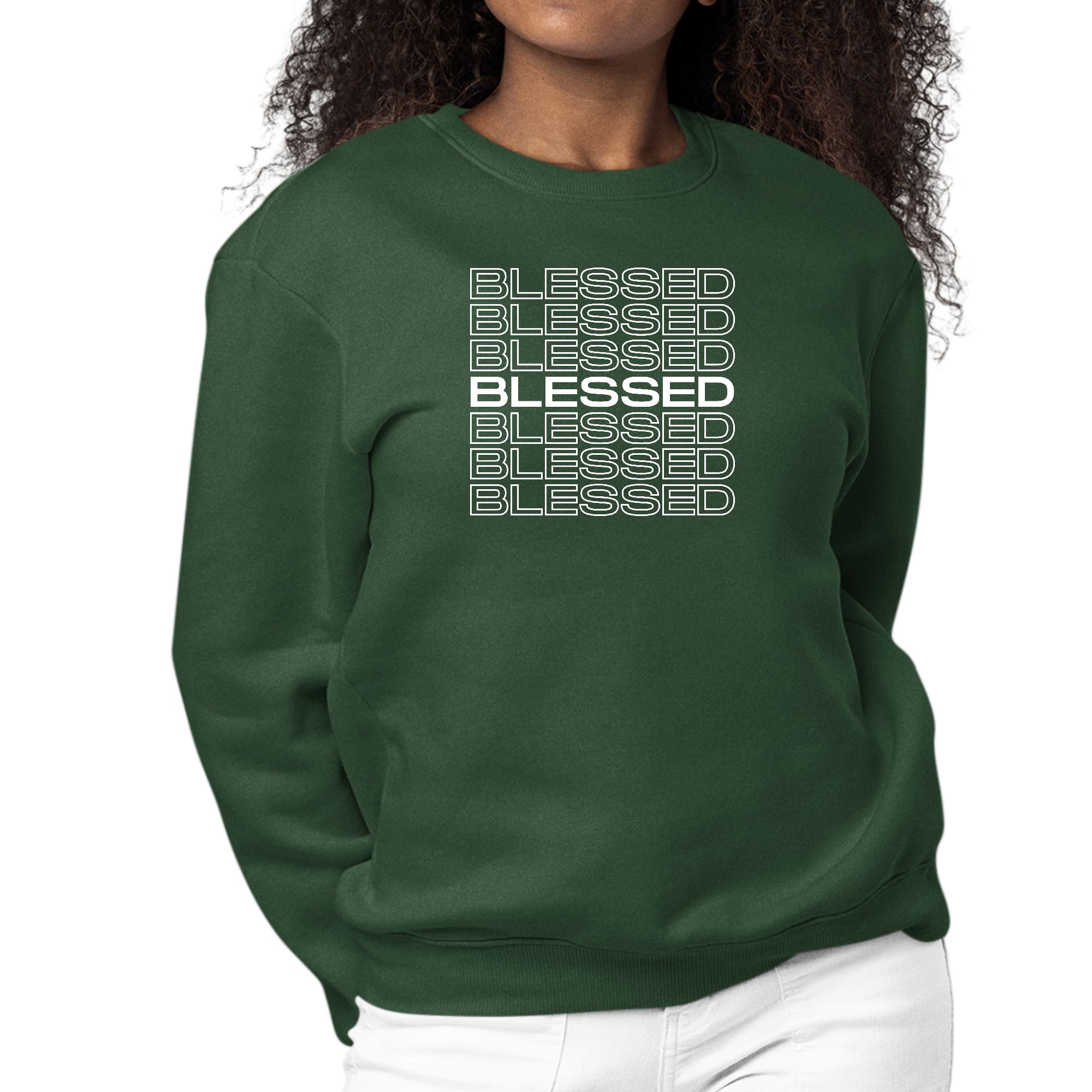 Women's long sleeve crewneck sweatshirt featuring a Blessed Stacked Print, showcasing a stylish and comfortable design.