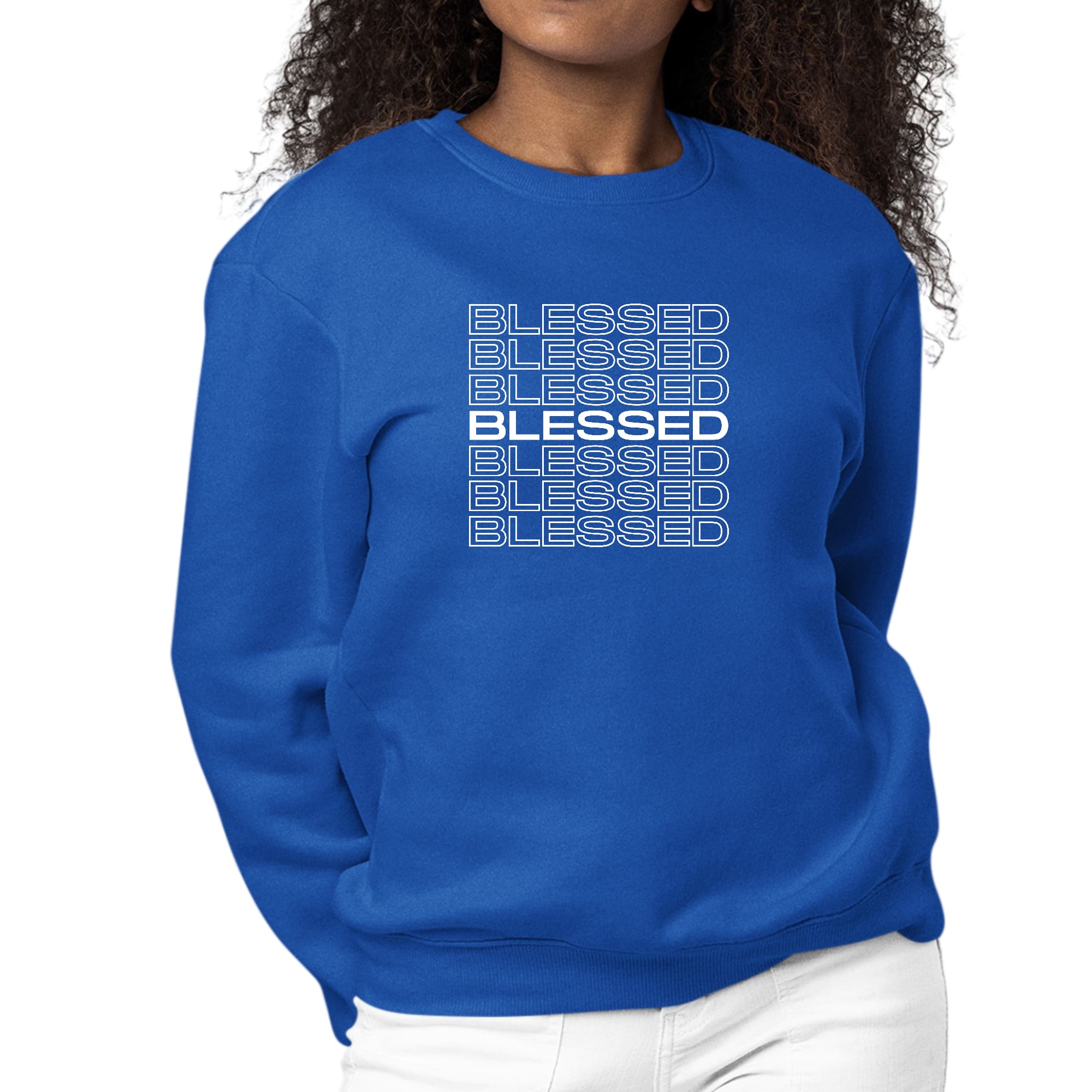 Women's long sleeve crewneck sweatshirt featuring a Blessed Stacked Print, showcasing a stylish and comfortable design.