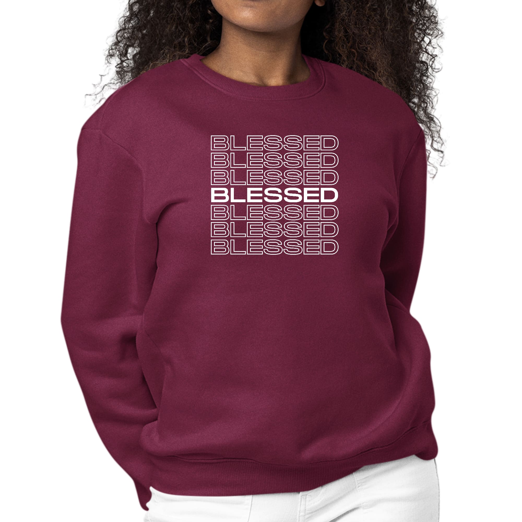 Women's long sleeve crewneck sweatshirt featuring a Blessed Stacked Print, showcasing a stylish and comfortable design.
