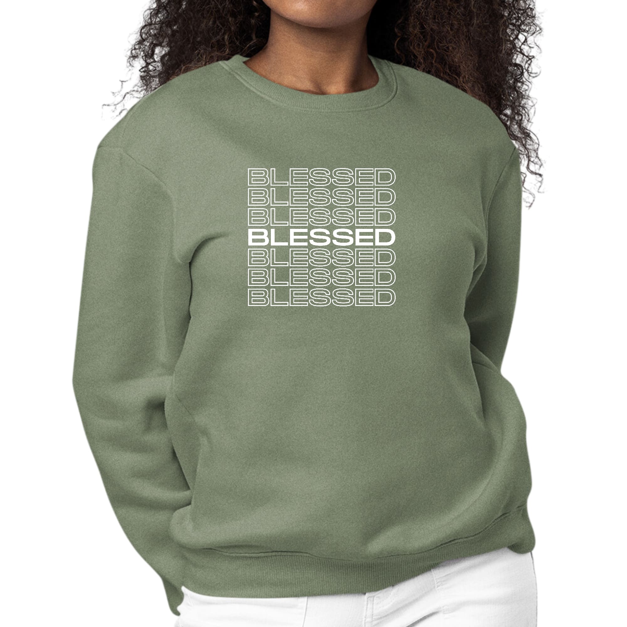Women's long sleeve crewneck sweatshirt featuring a Blessed Stacked Print, showcasing a stylish and comfortable design.