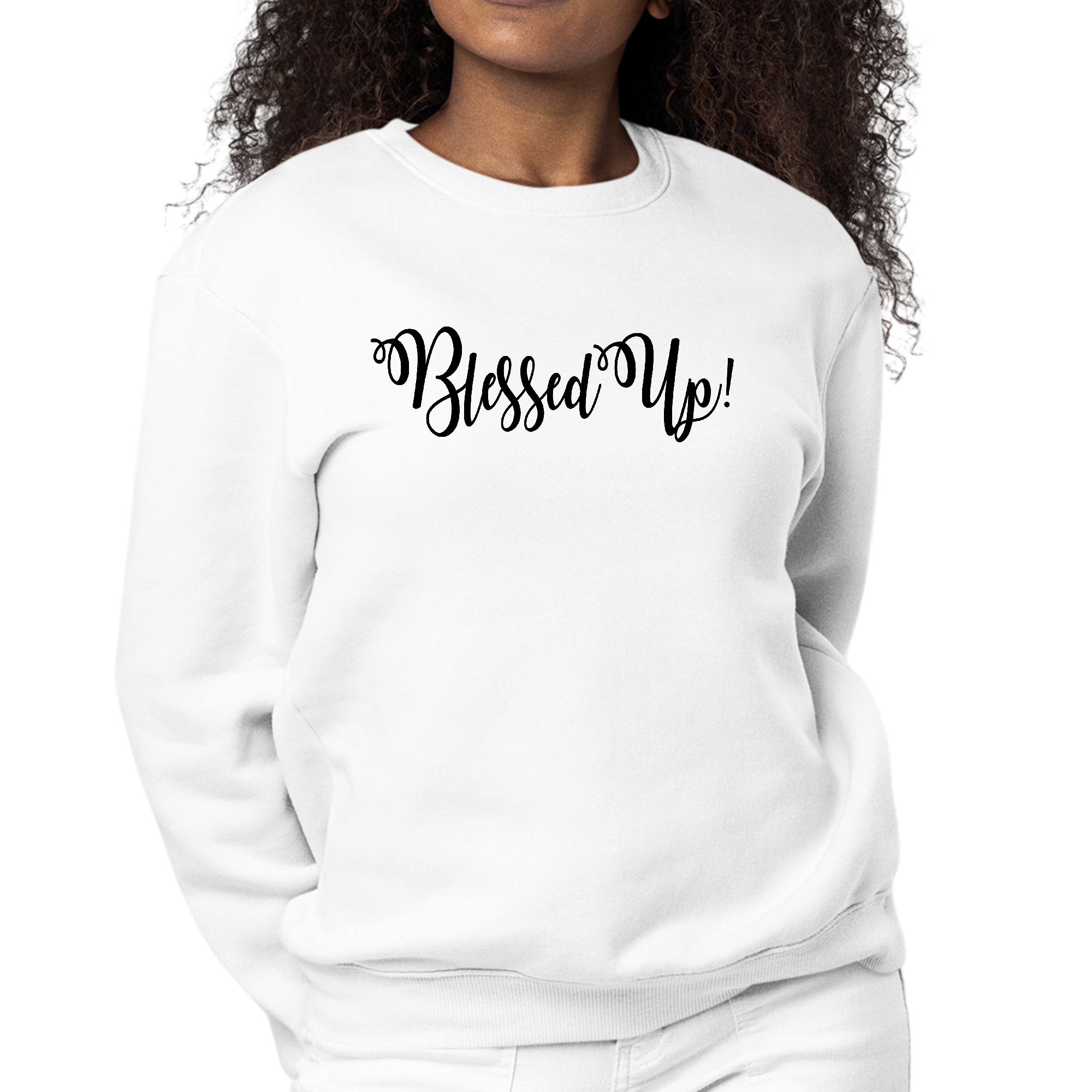 Black women's graphic sweatshirt featuring the Blessed Up motivational quote, designed for comfort and style.