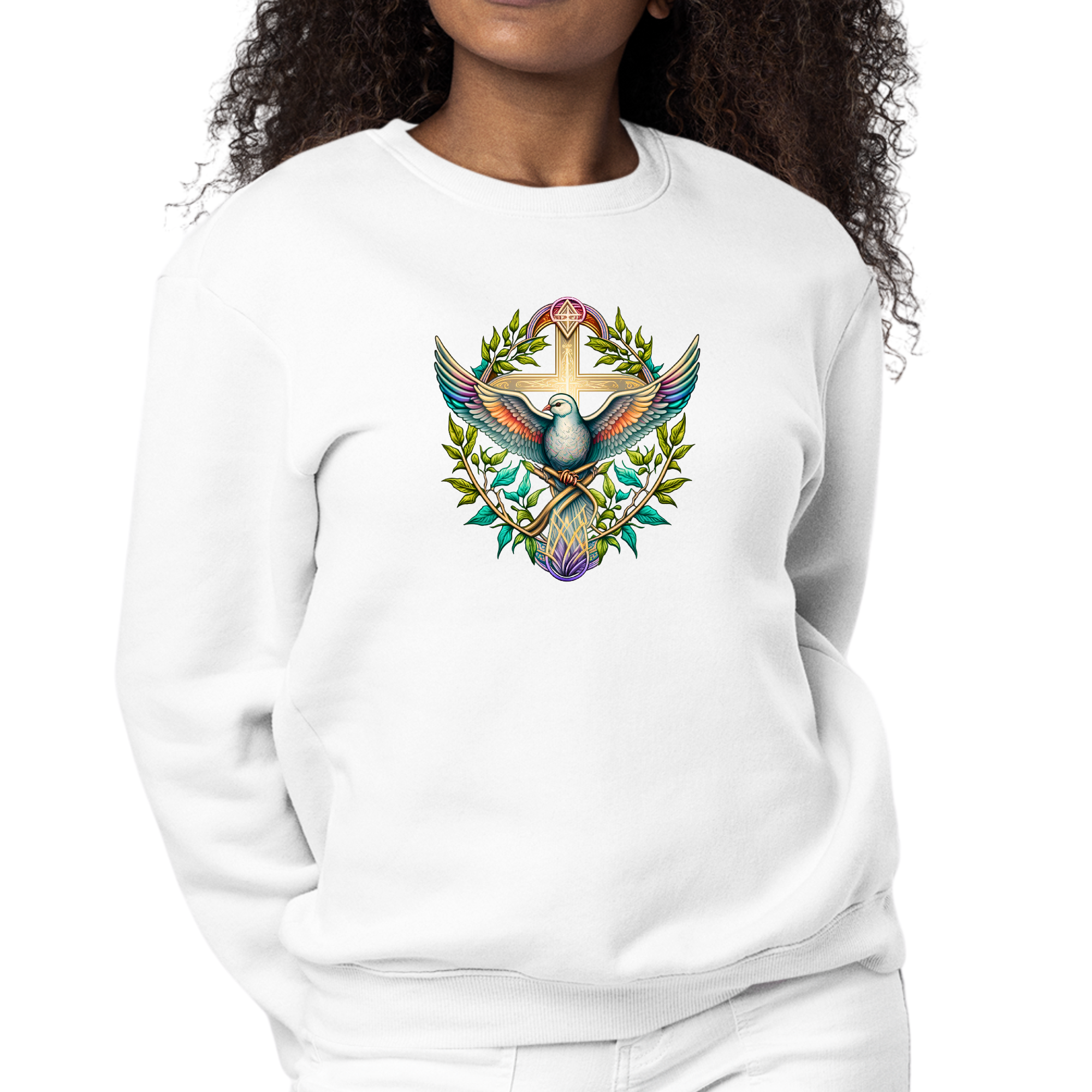 Womens graphic sweatshirt featuring a blue green multicolor dove floral design, showcasing long sleeves and a crewneck style.