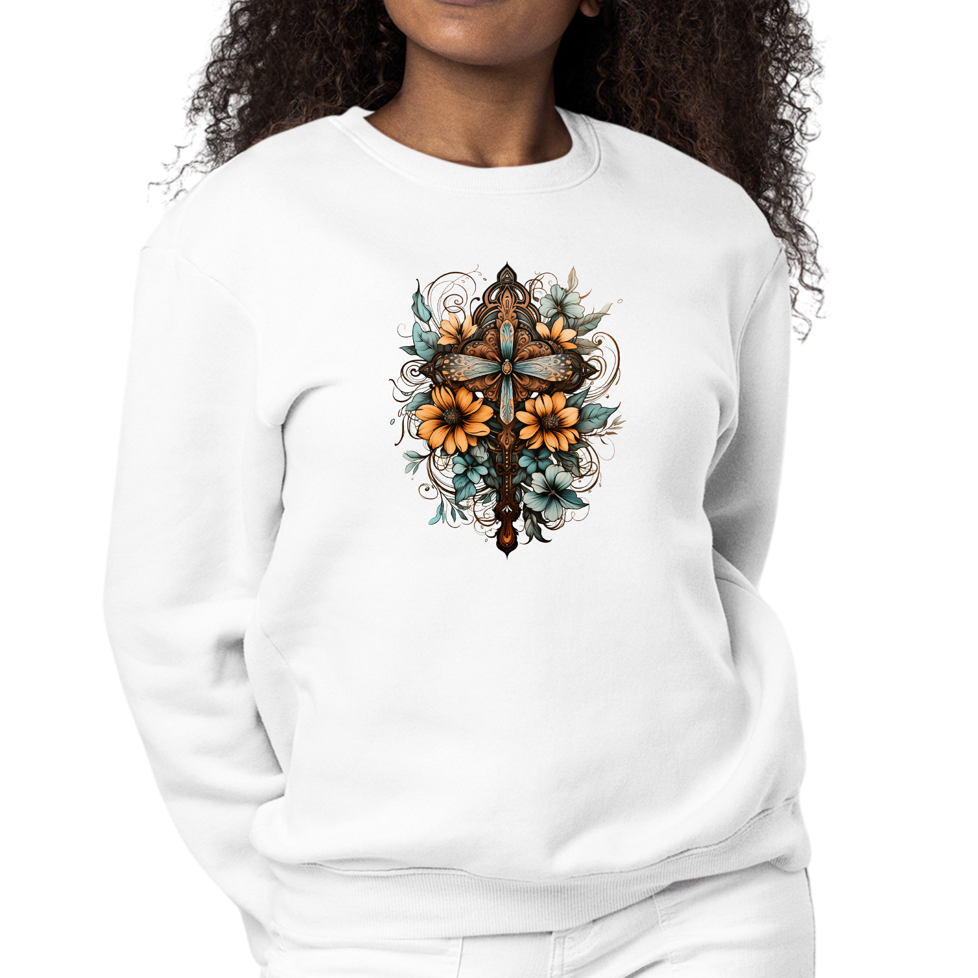 Women's brown graphic sweatshirt with Christian cross and floral bouquet design, featuring long sleeves and a crewneck style.
