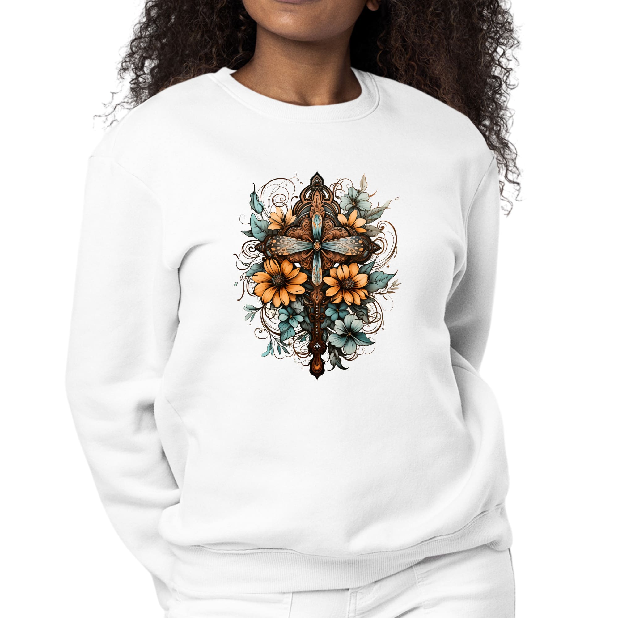 Women's brown graphic sweatshirt with Christian cross and floral bouquet design, featuring long sleeves and a crewneck style.
