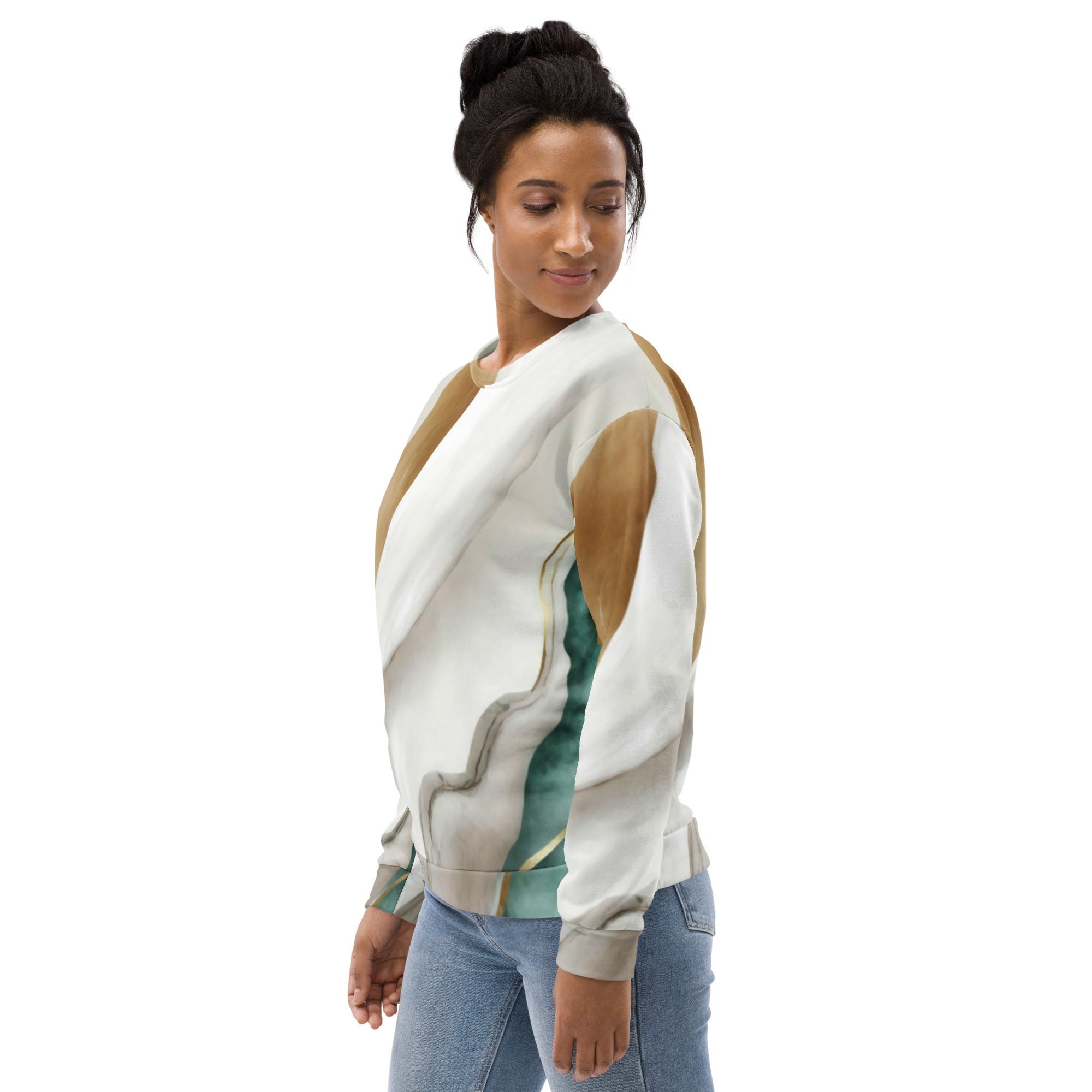 Womens Graphic Sweatshirt featuring a cream and white marbled pattern, showcasing its unique design and soft brushed fleece interior.