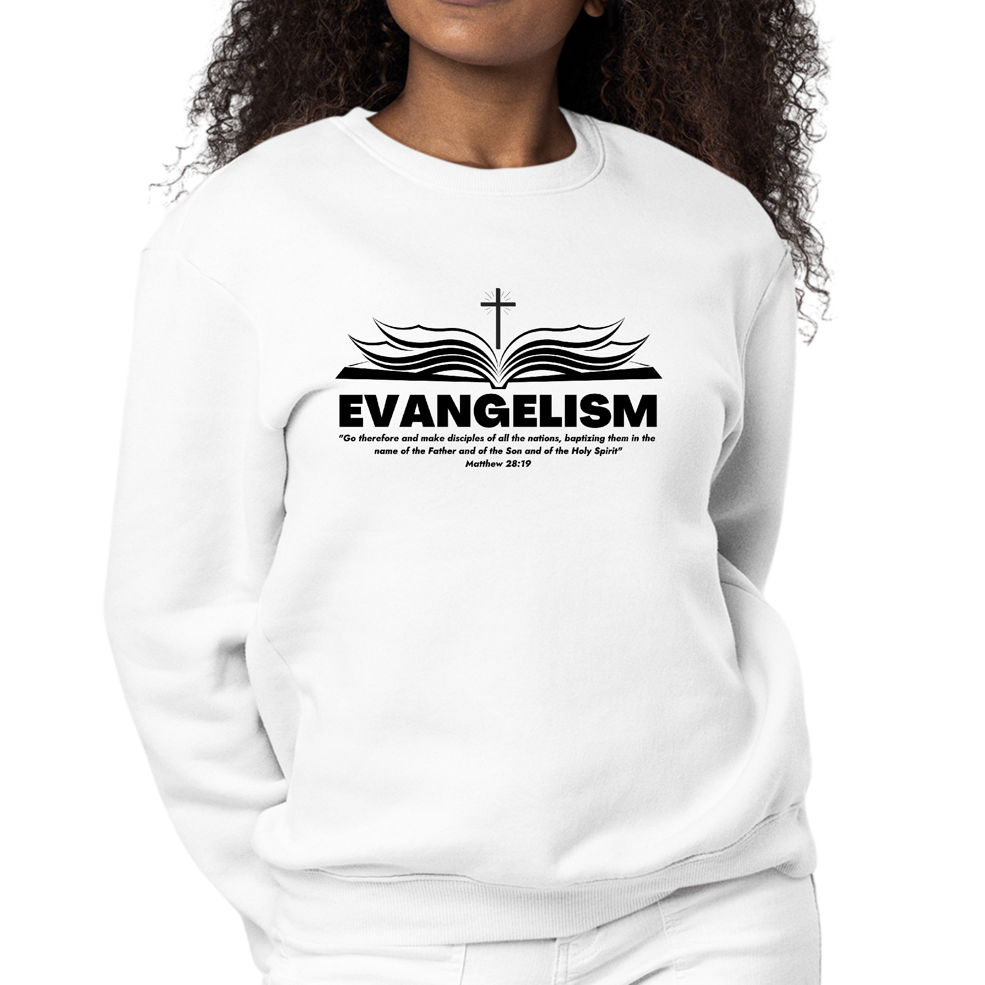 Women's long sleeve graphic sweatshirt featuring 'Go Therefore and Make Disciples' design, showcasing a comfortable fit and durable material.