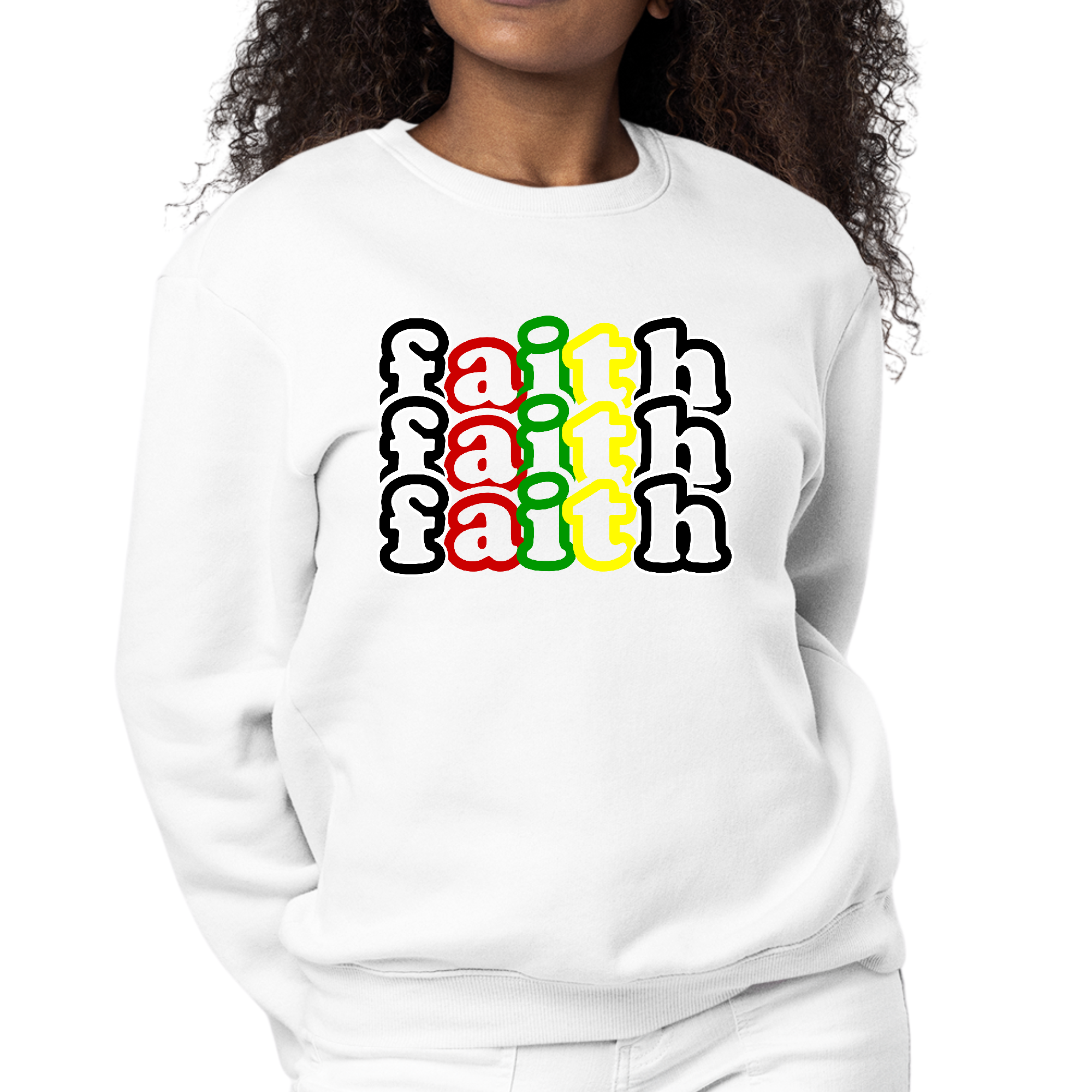 Women's Graphic Sweatshirt featuring a multicolor Faith stack illustration on a black background, showcasing a stylish and inspirational design.