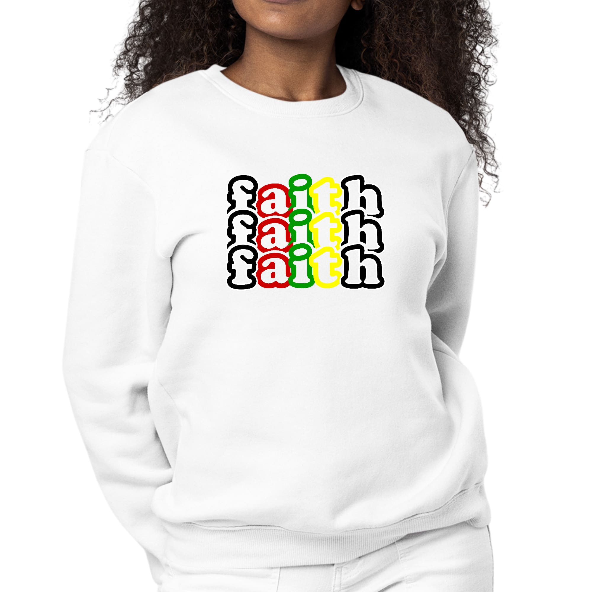 Women's Graphic Sweatshirt featuring a multicolor Faith stack illustration on a black background, showcasing a stylish and inspirational design.