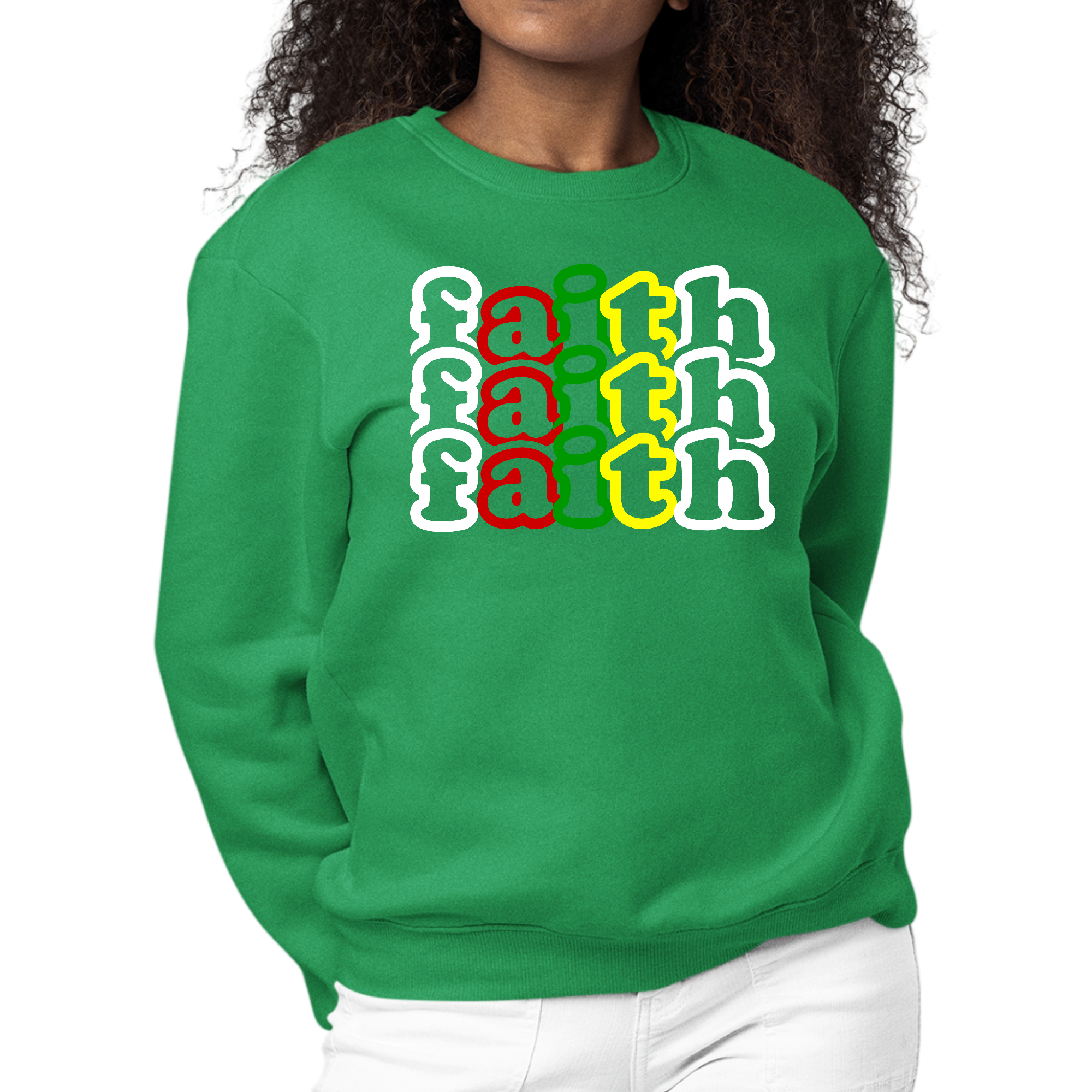 Women's Graphic Sweatshirt with multicolor Faith Stack illustration, featuring a crewneck design and long sleeves.