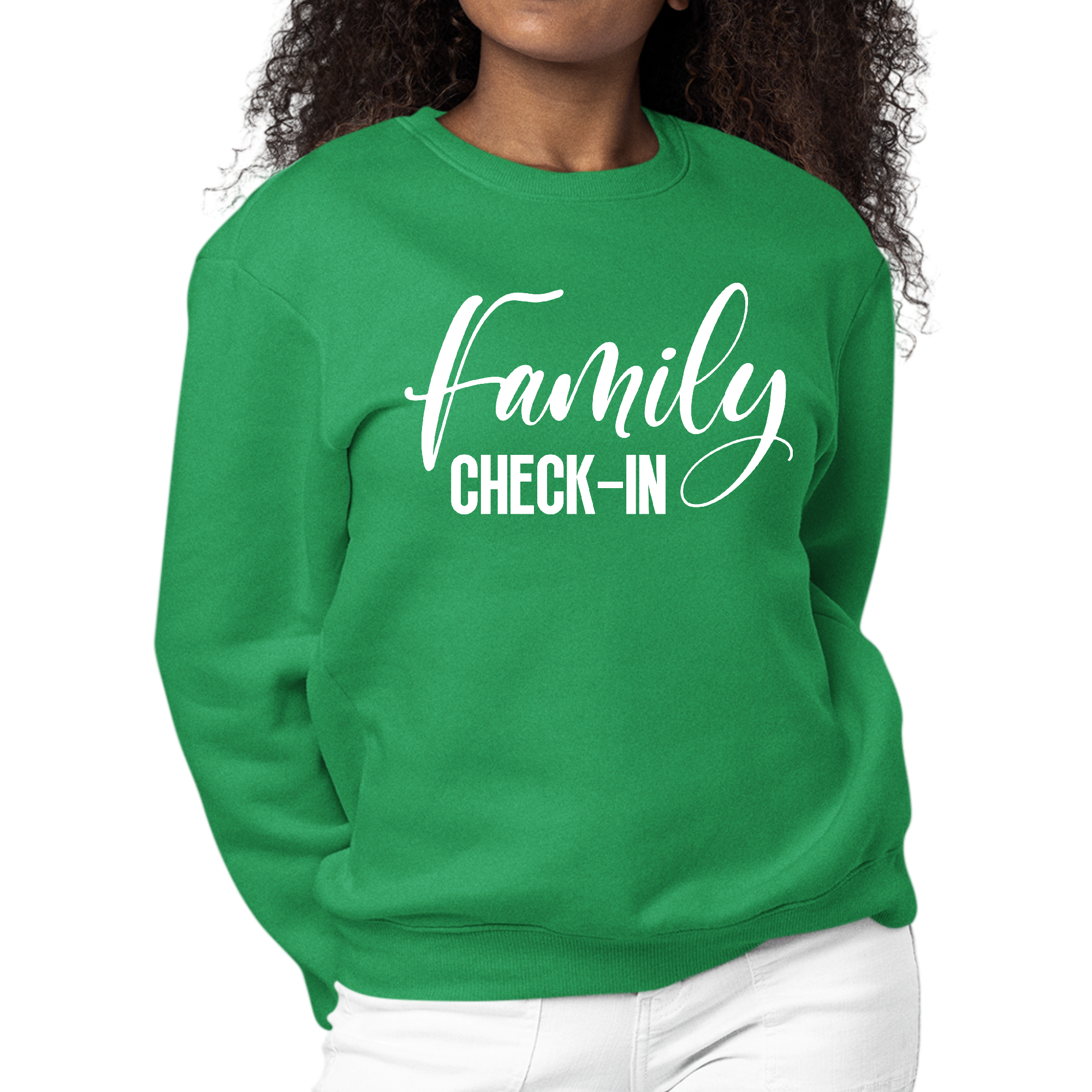 Women's Graphic Sweatshirt with Family Check-in illustration, showcasing a cozy crewneck design and long sleeves.