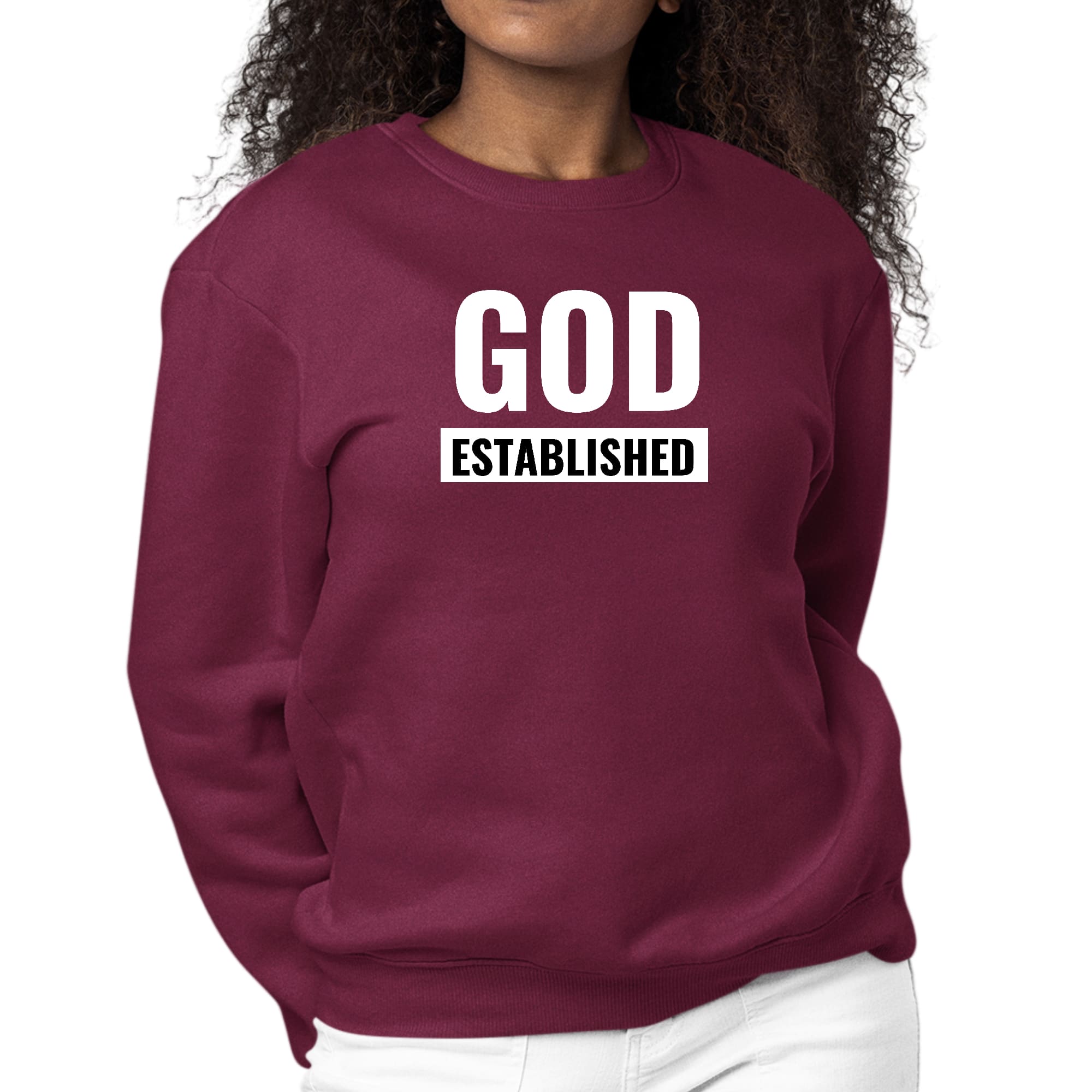 Women's long sleeve graphic sweatshirt featuring 'God Established' design, made from durable cotton/polyester blend.