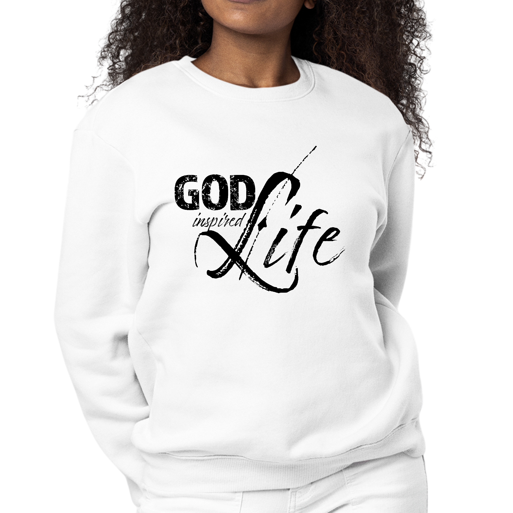 Women's black graphic sweatshirt featuring 'God Inspired Life' illustration and inspirational quote, perfect for casual wear.