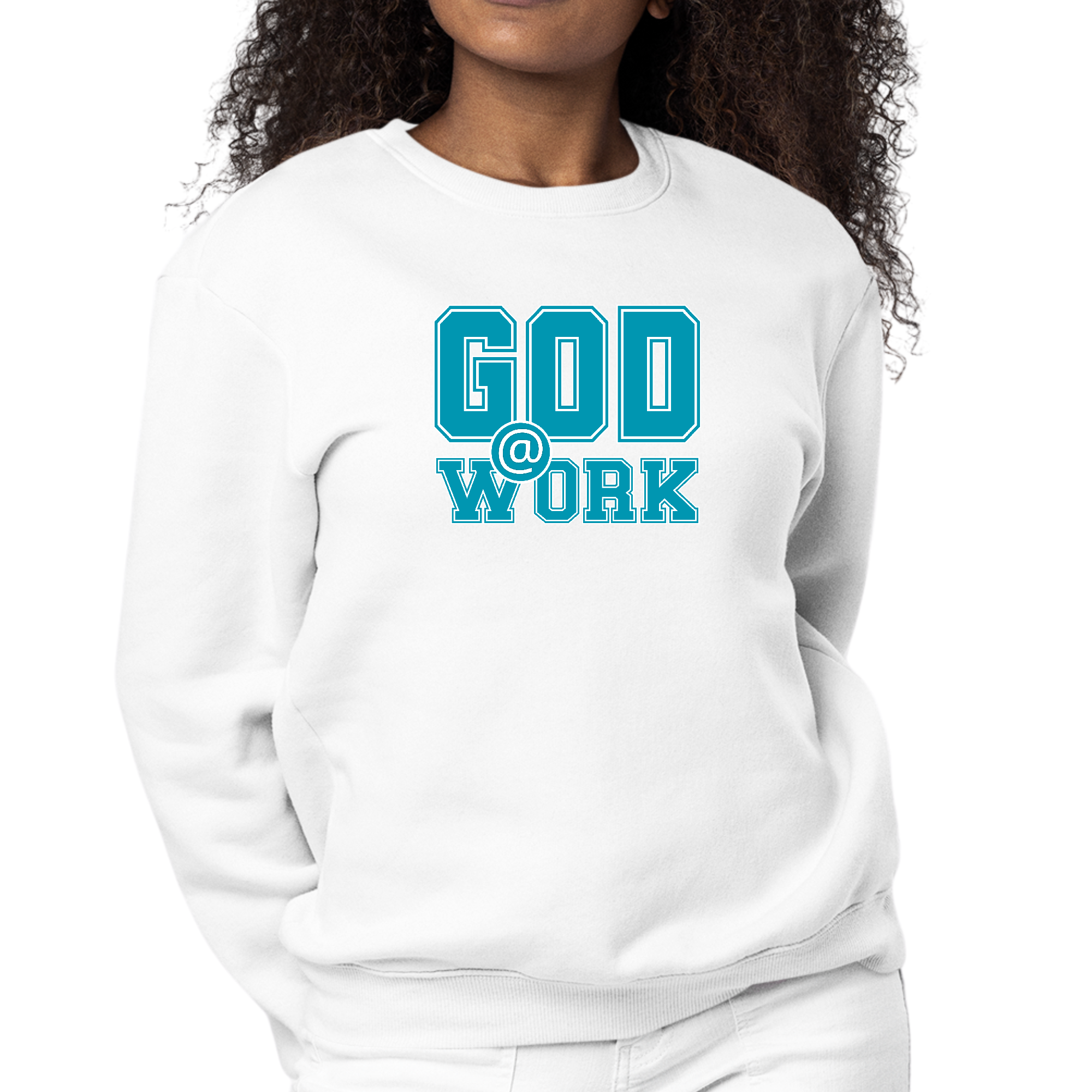 Women's long sleeve crewneck sweatshirt featuring 'God @ Work' graphic print in blue, green, and white colors.