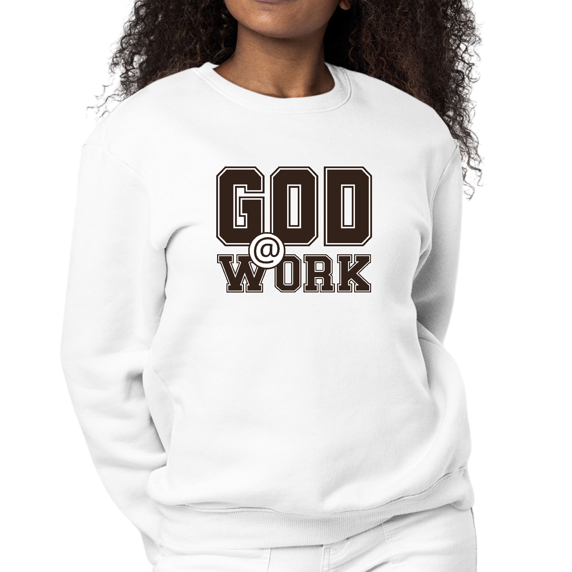 Women's long sleeve crewneck sweatshirt in brown and white with 'God @ Work' graphic print, showcasing a comfortable and stylish design.